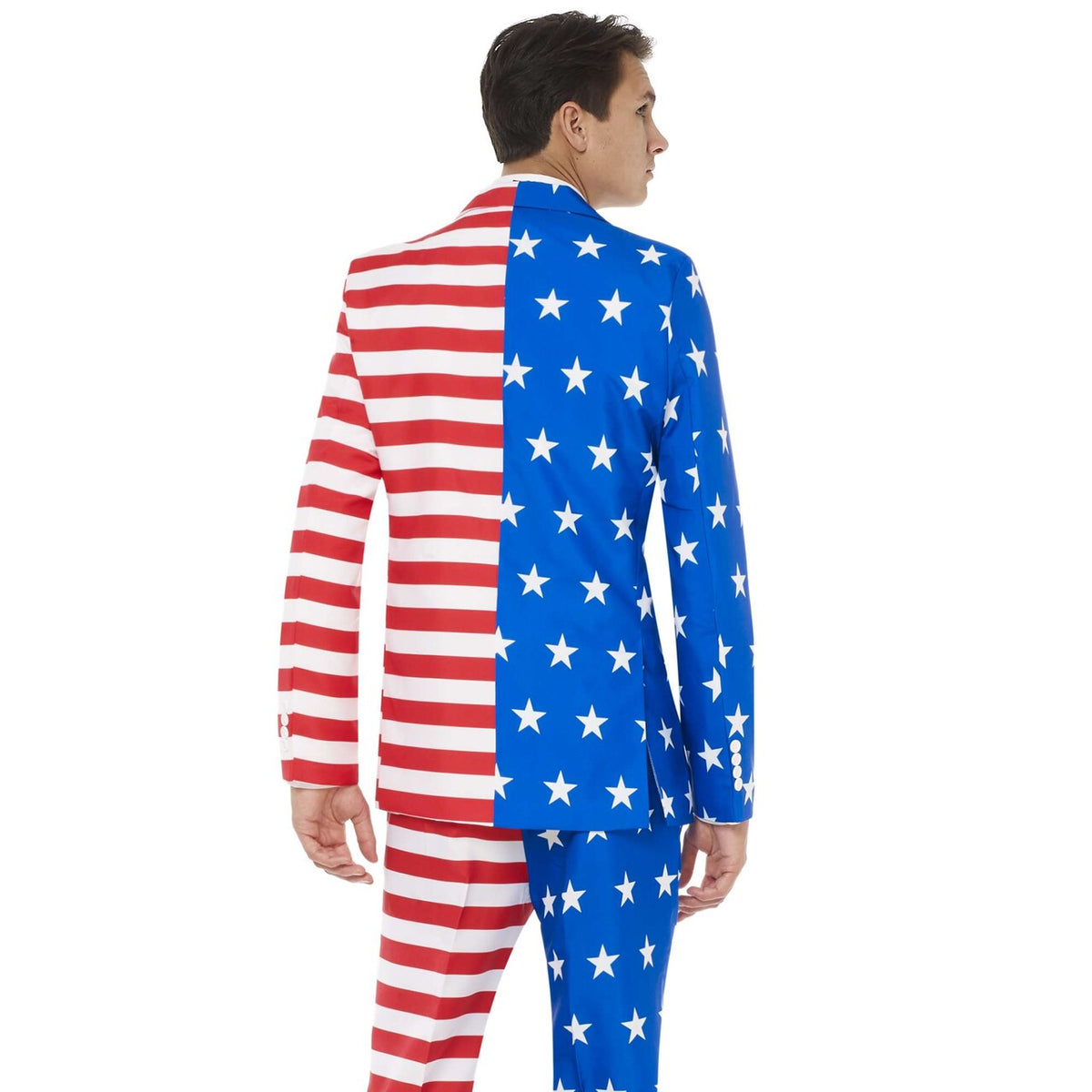 Op deze afbeelding zie je een Kostuums, van het merk Suitmeister. USA Flag Patriot Opposuit Man Kostuum
