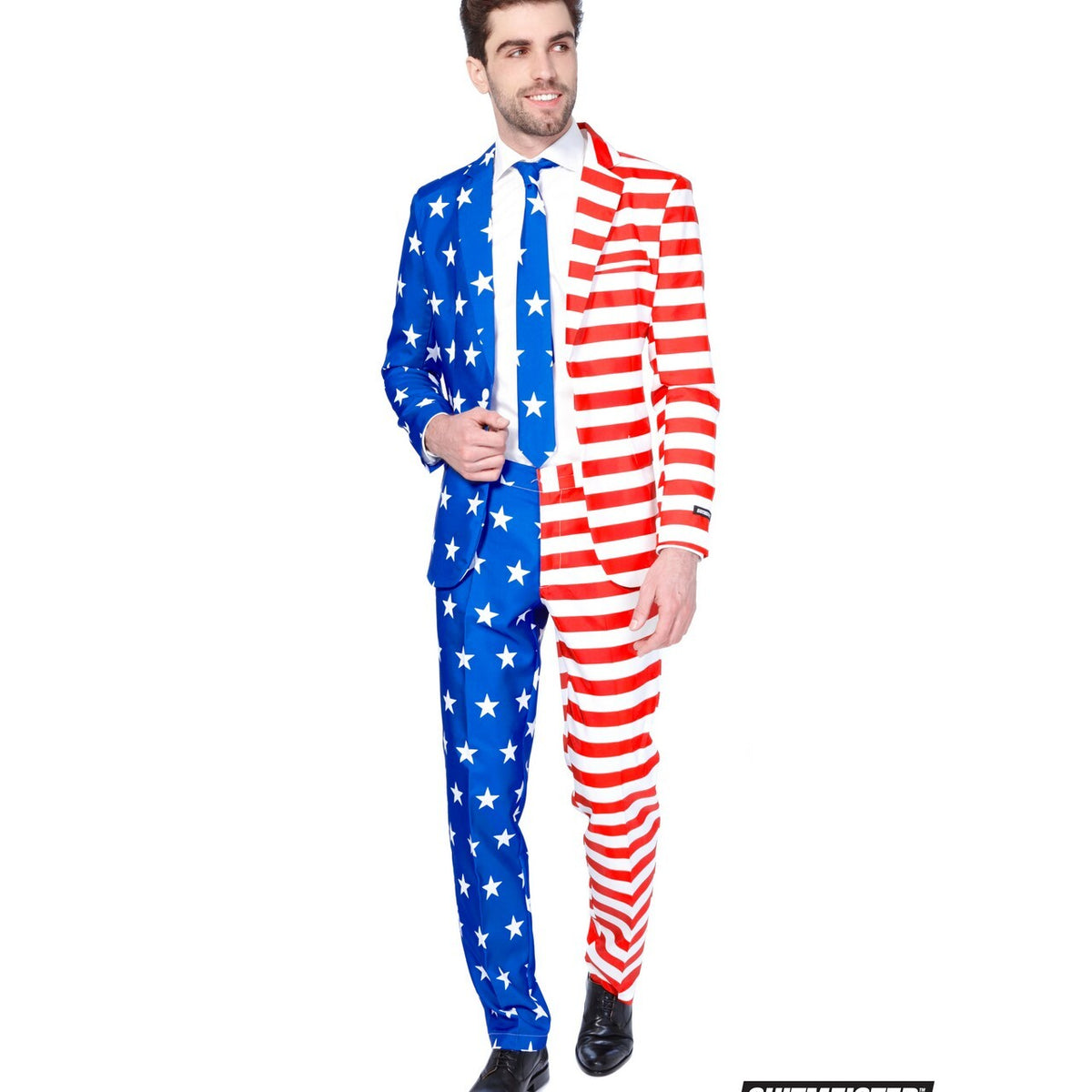 Op deze afbeelding zie je een Kostuums, van het merk Suitmeister. USA Flag Patriot Opposuit Man Kostuum