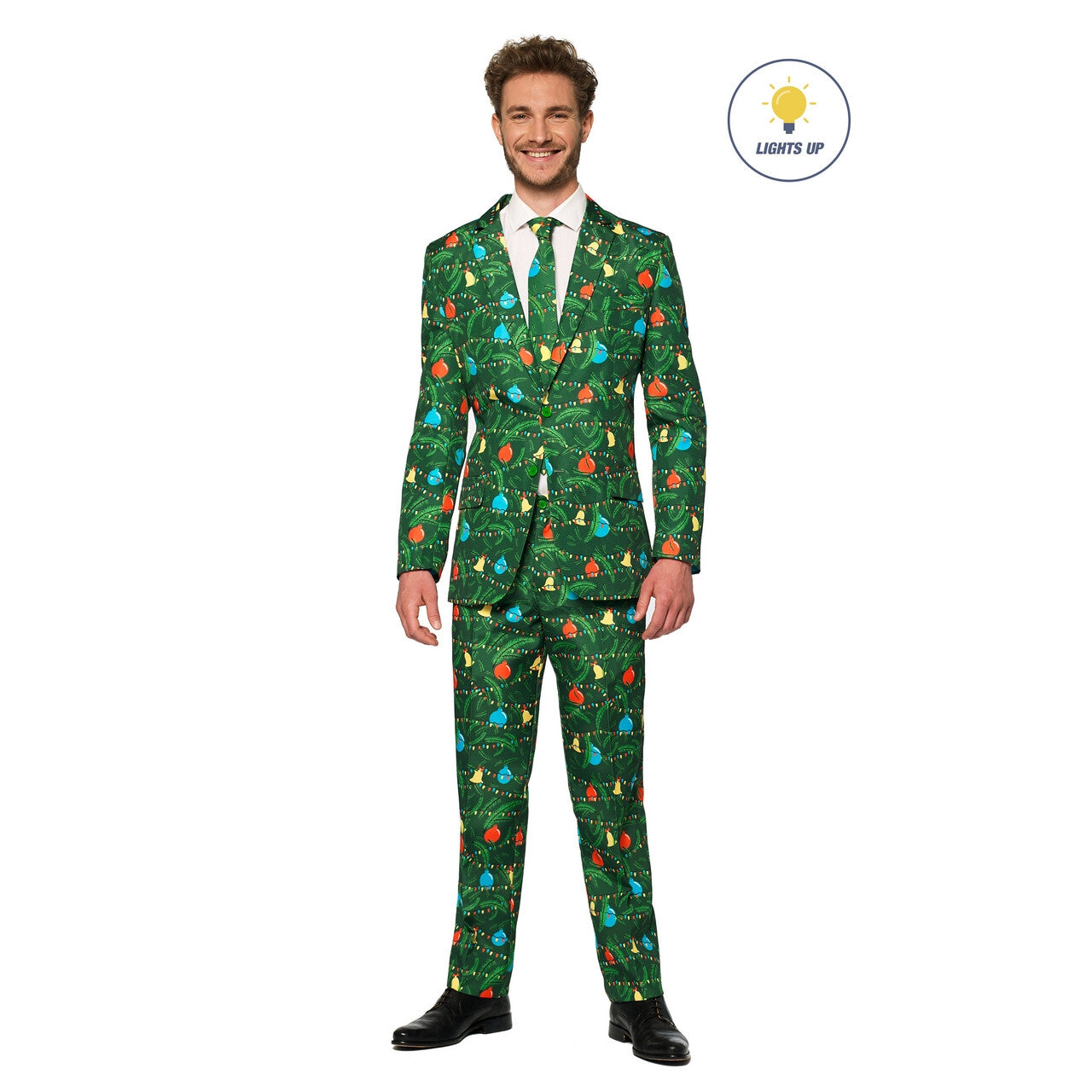 Op deze afbeelding zie je een Kostuums, van het merk Suitmeister. Groen Fonkelend Kerstbomen Man Kostuum