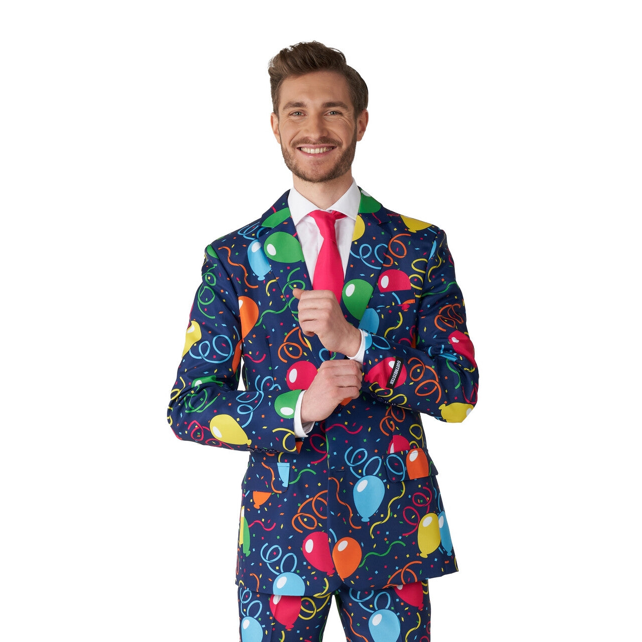 Op deze afbeelding zie je een Kostuums, van het merk Suitmeister. Confetti Balloons Navy Party Hard Man Kostuum