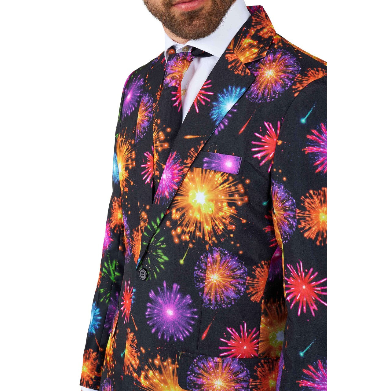 Op deze afbeelding zie je een Kostuums, van het merk Suitmeister. Fireworks Black Man Kostuum