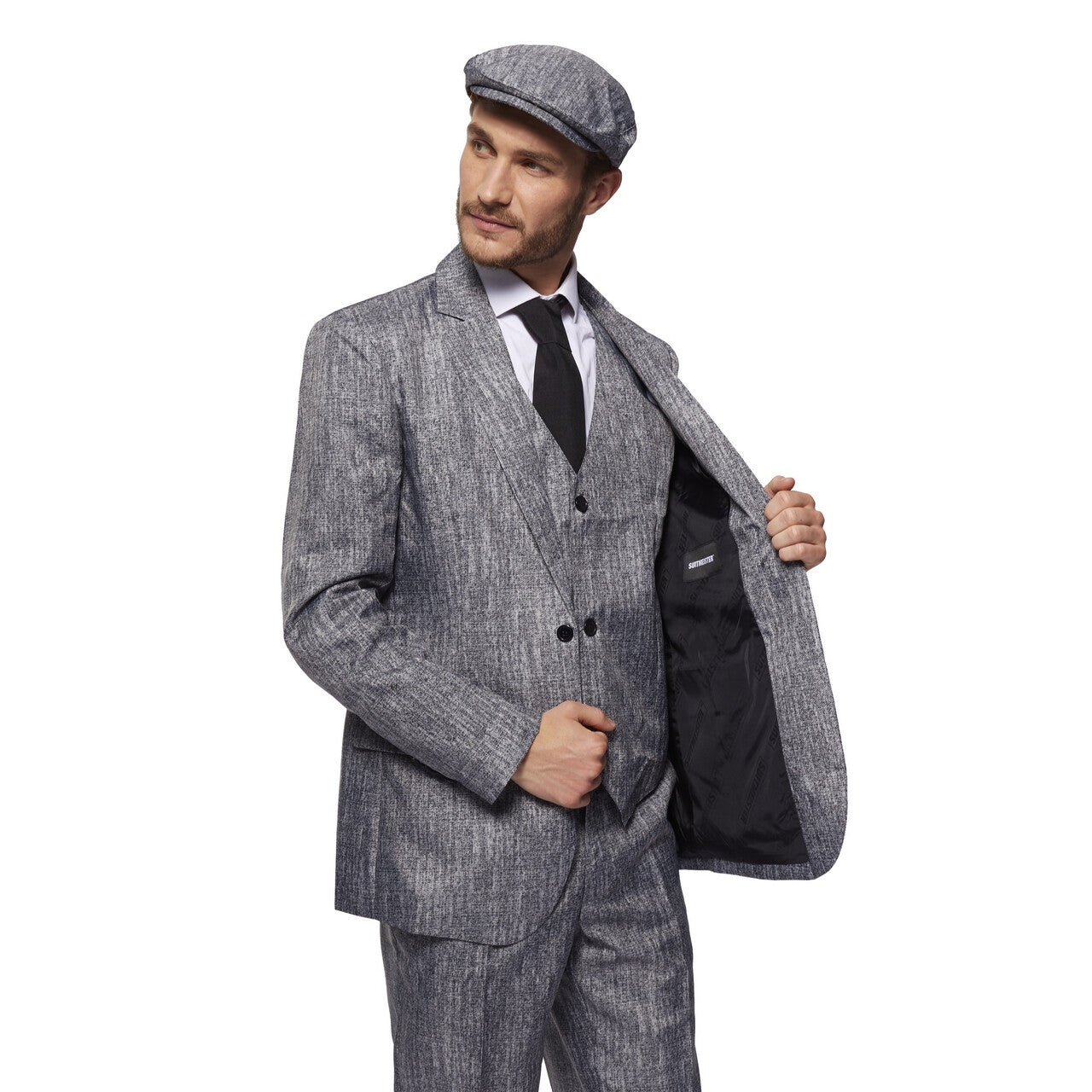 Op deze afbeelding zie je een Kostuums, van het merk Suitmeister. Jaren 20 Gangster Strak In Pak Grijs Man