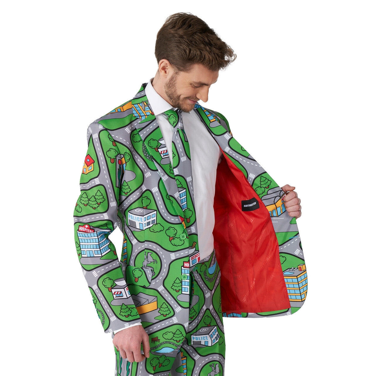 Op deze afbeelding zie je een Kostuums, van het merk Suitmeister. Carpet City Green Broom Broom Man Kostuum