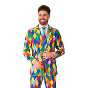 Op deze afbeelding zie je een Kostuums, van het merk Suitmeister. Happy Harley Clown Man Kostuum