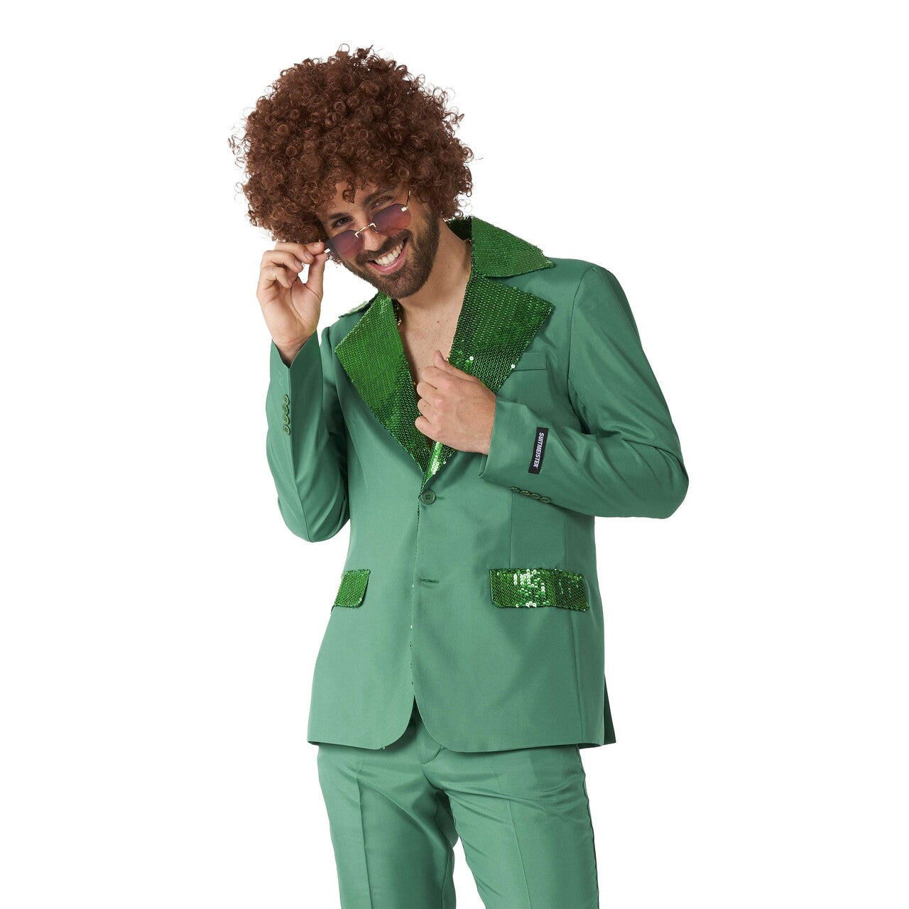 Op deze afbeelding zie je een Kostuums, van het merk Suitmeister. Disco Suit Green Man Kostuum