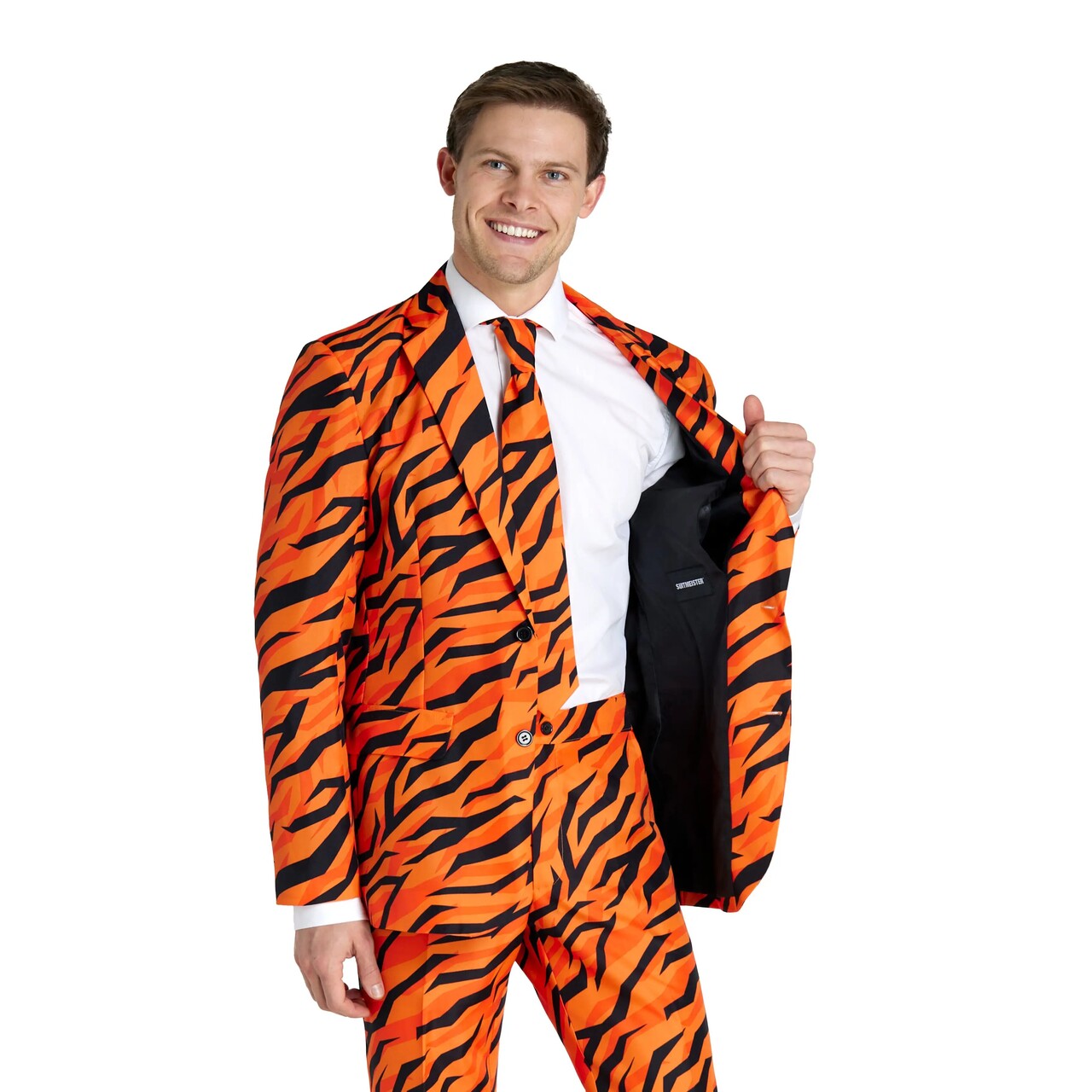 Op deze afbeelding zie je een Kostuums, van het merk Suitmeister. Tiger Wild And Out Man Kostuum