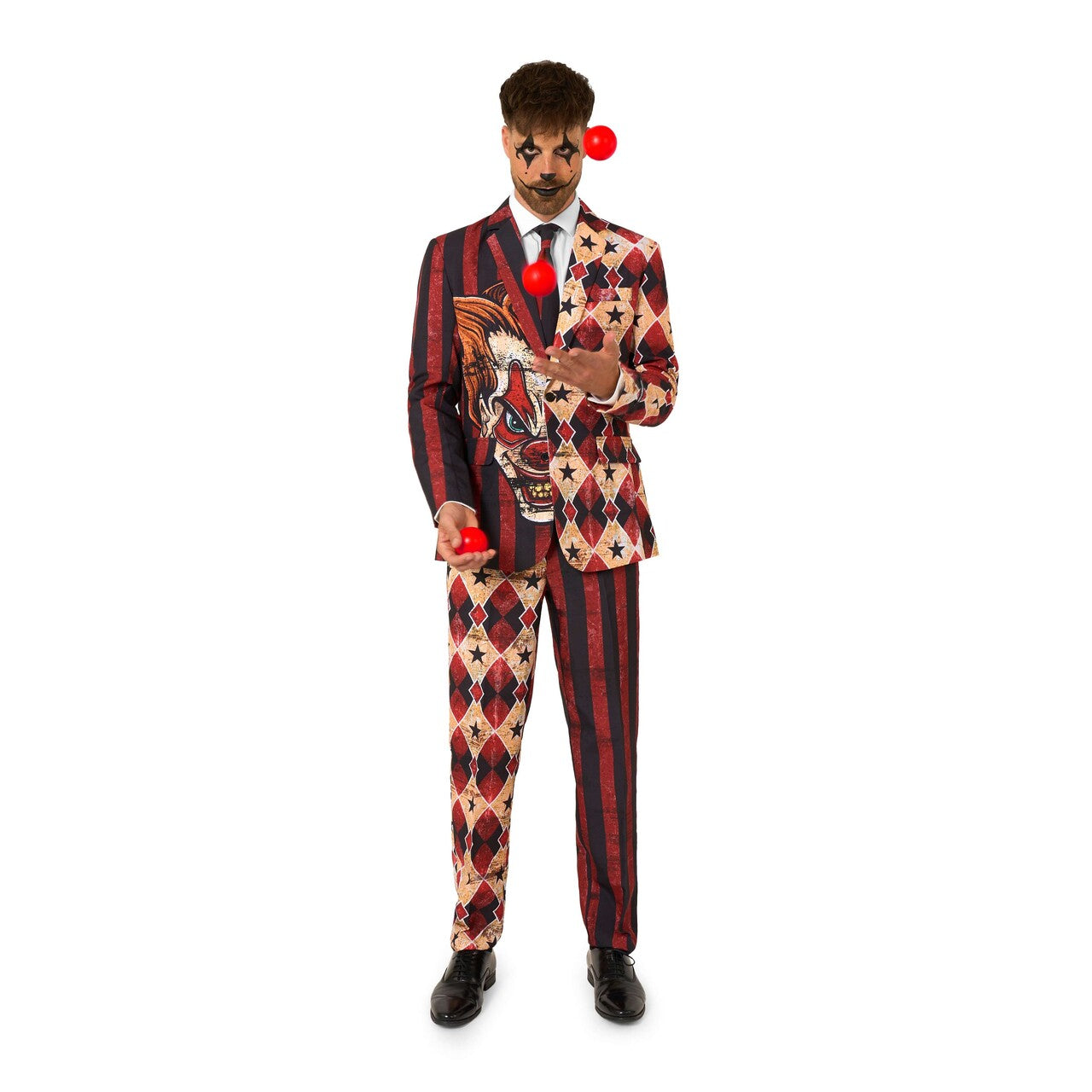 Op deze afbeelding zie je een Kostuums, van het merk Opposuits. Scary Clown Red Man Kostuum