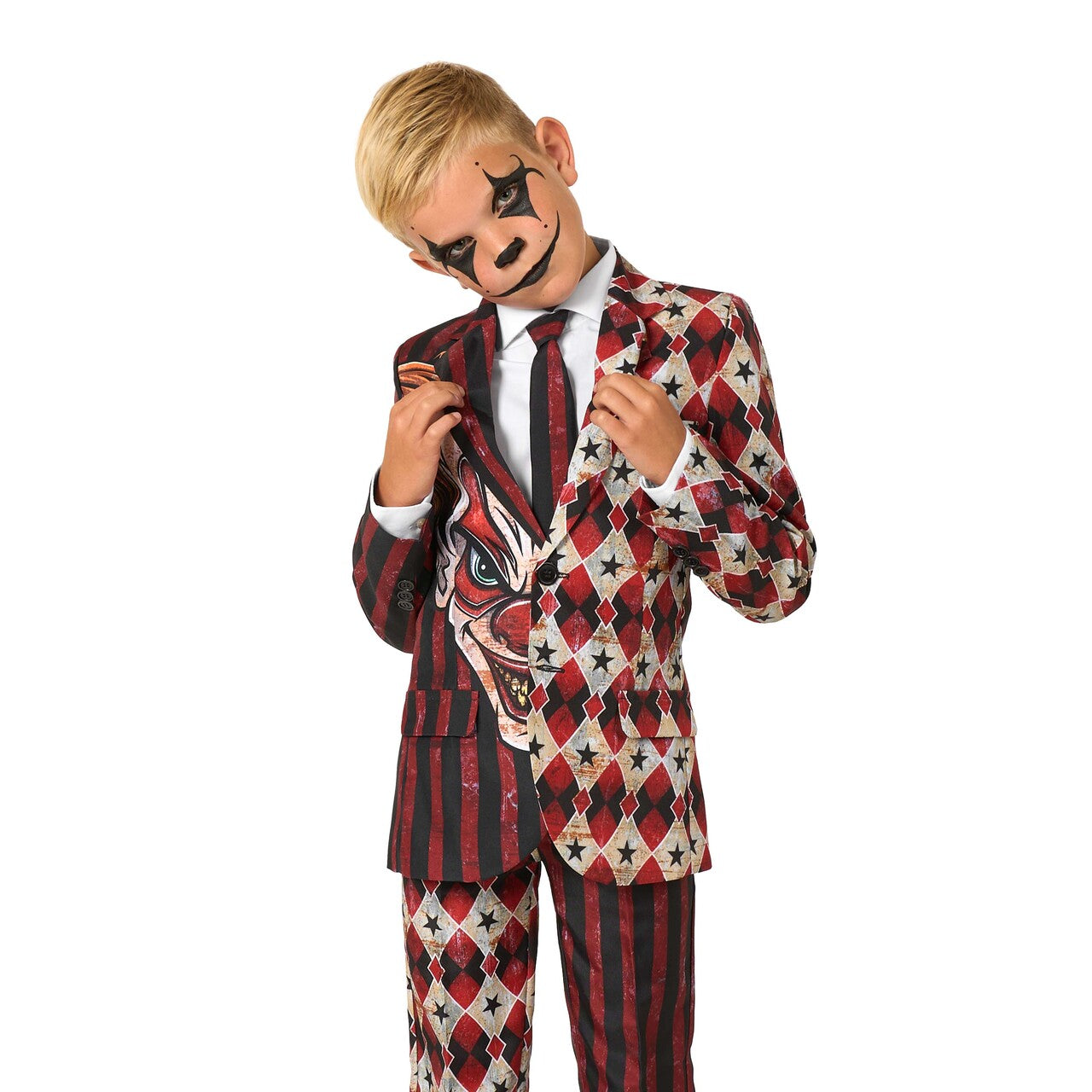 Op deze afbeelding zie je een Kostuums, van het merk Opposuits. Boys Scary Clown Red Jongen Kostuum