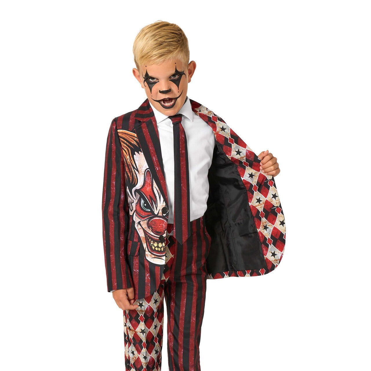 Op deze afbeelding zie je een Kostuums, van het merk Opposuits. Boys Scary Clown Red Jongen Kostuum