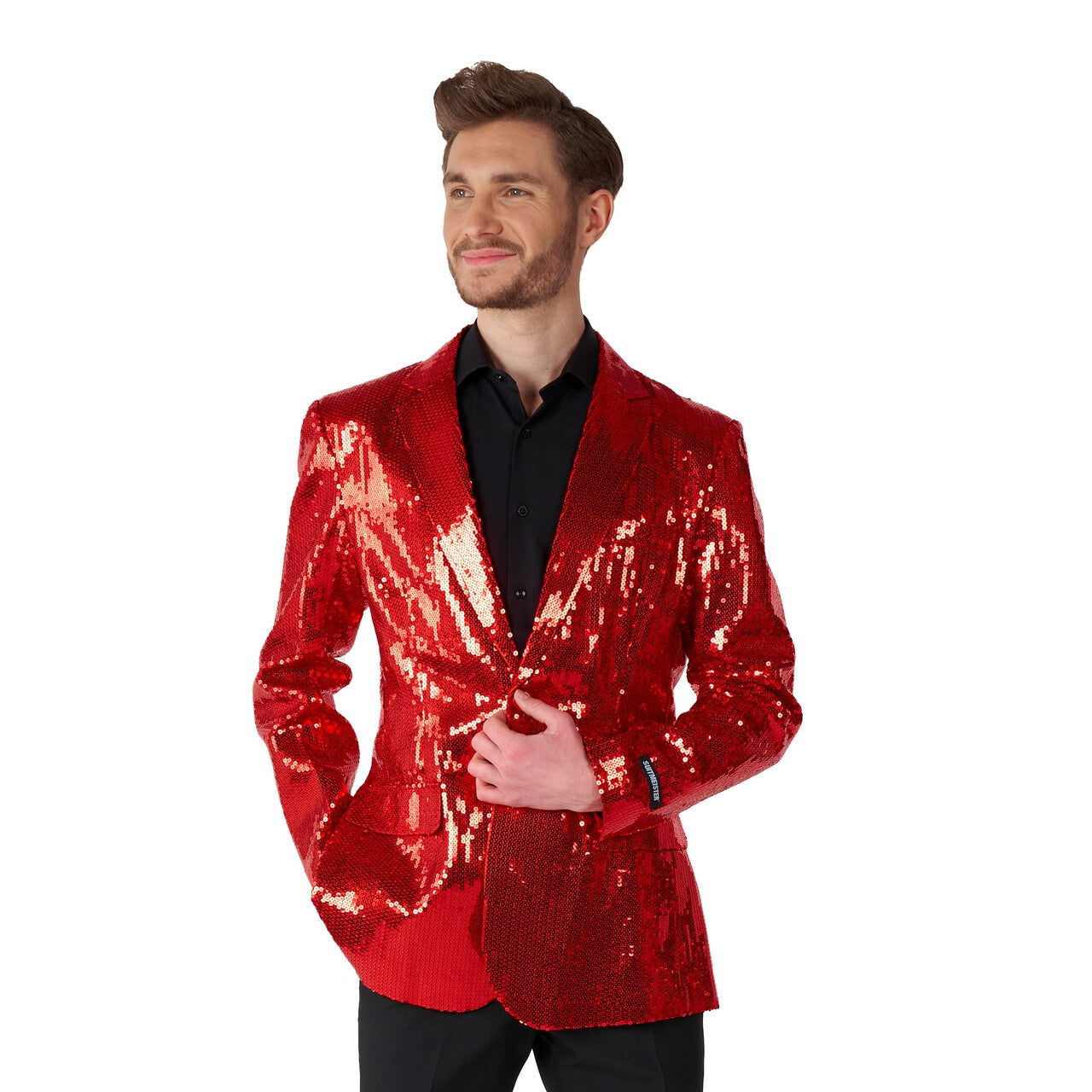 Op deze afbeelding zie je een Kostuums, van het merk Suitmeister. Quizmaster Sequins Red Pailletten Man