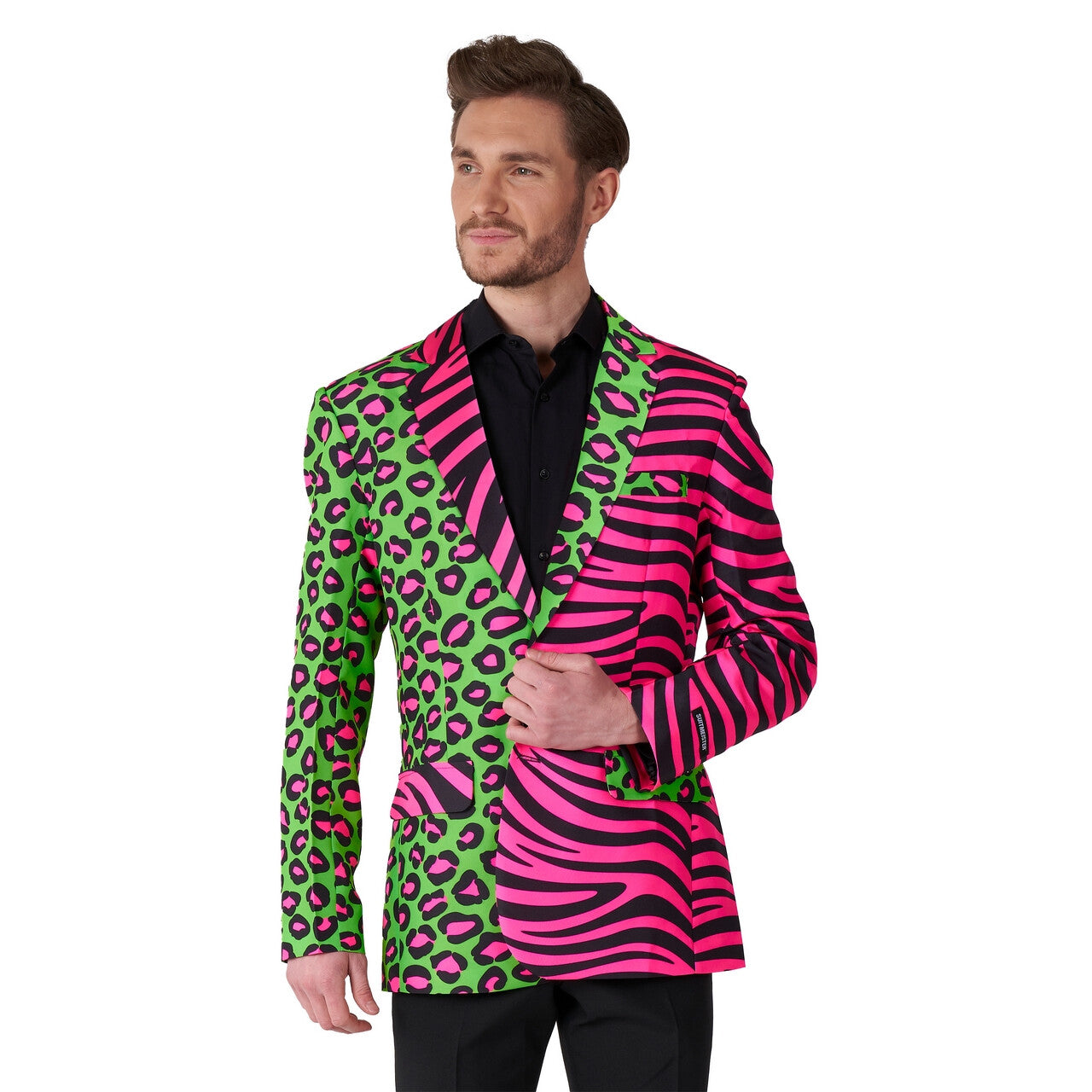 Op deze afbeelding zie je een Kostuums, van het merk Suitmeister. Wild Party Animal Neon Groen Roze Man