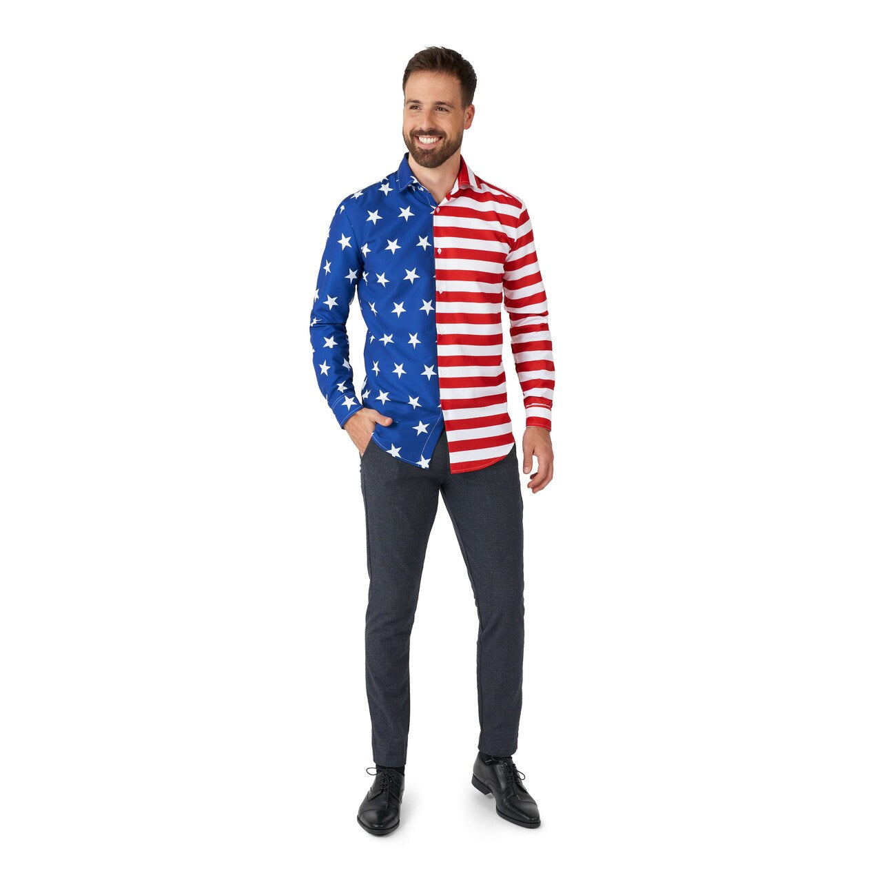 Op deze afbeelding zie je een Kostuums, van het merk Suitmeister. USA Flag Man Kostuum