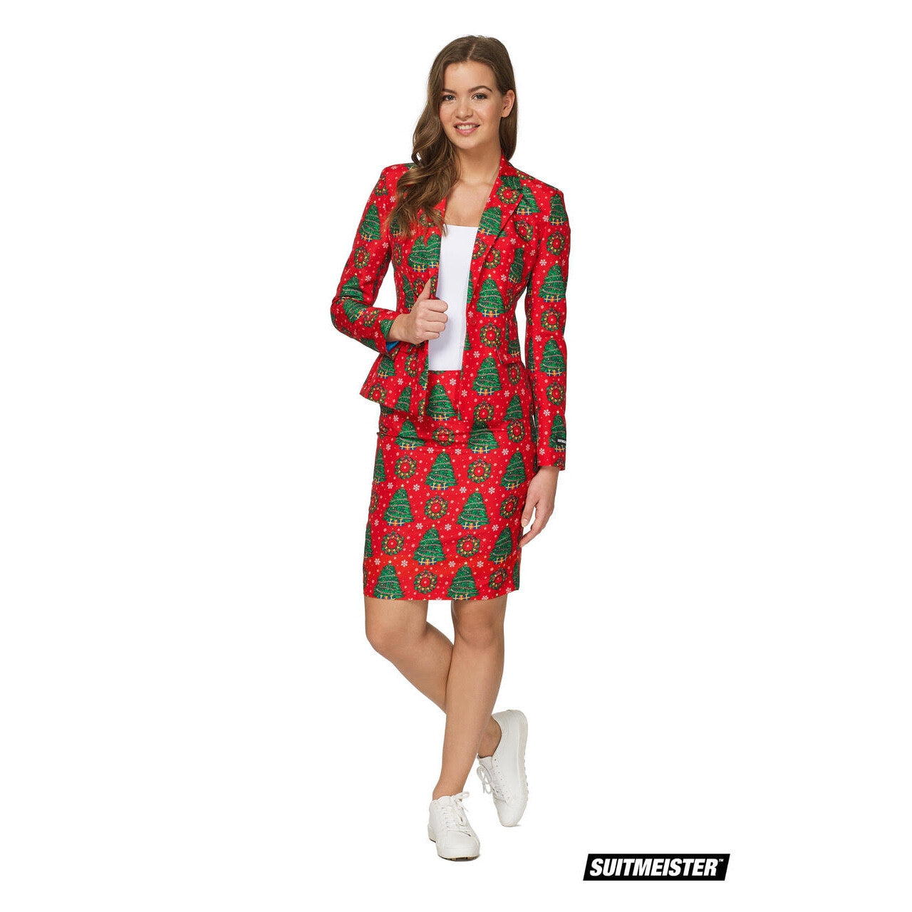 Op deze afbeelding zie je een Kostuums, van het merk Suitmeister. Klassieke Rode Kleuren Kerstboom Kostuum Vrouw