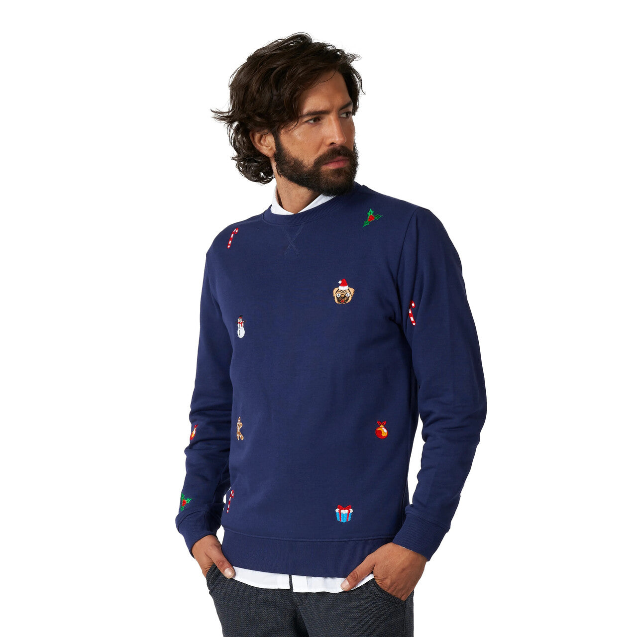 Op deze afbeelding zie je een Kostuums, van het merk Opposuits. X-Mas Nette Kersttrui Blauw Man