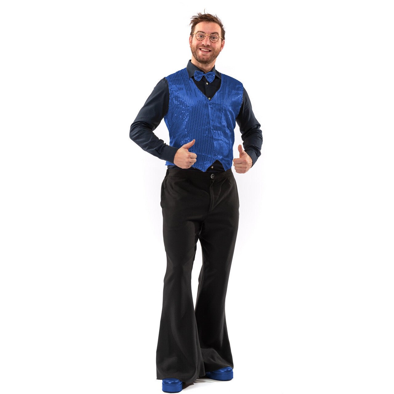 Op deze afbeelding zie je een Kostuums, van het merk Original Replicas. Paillettenvest Met Strik Blue Monday Man