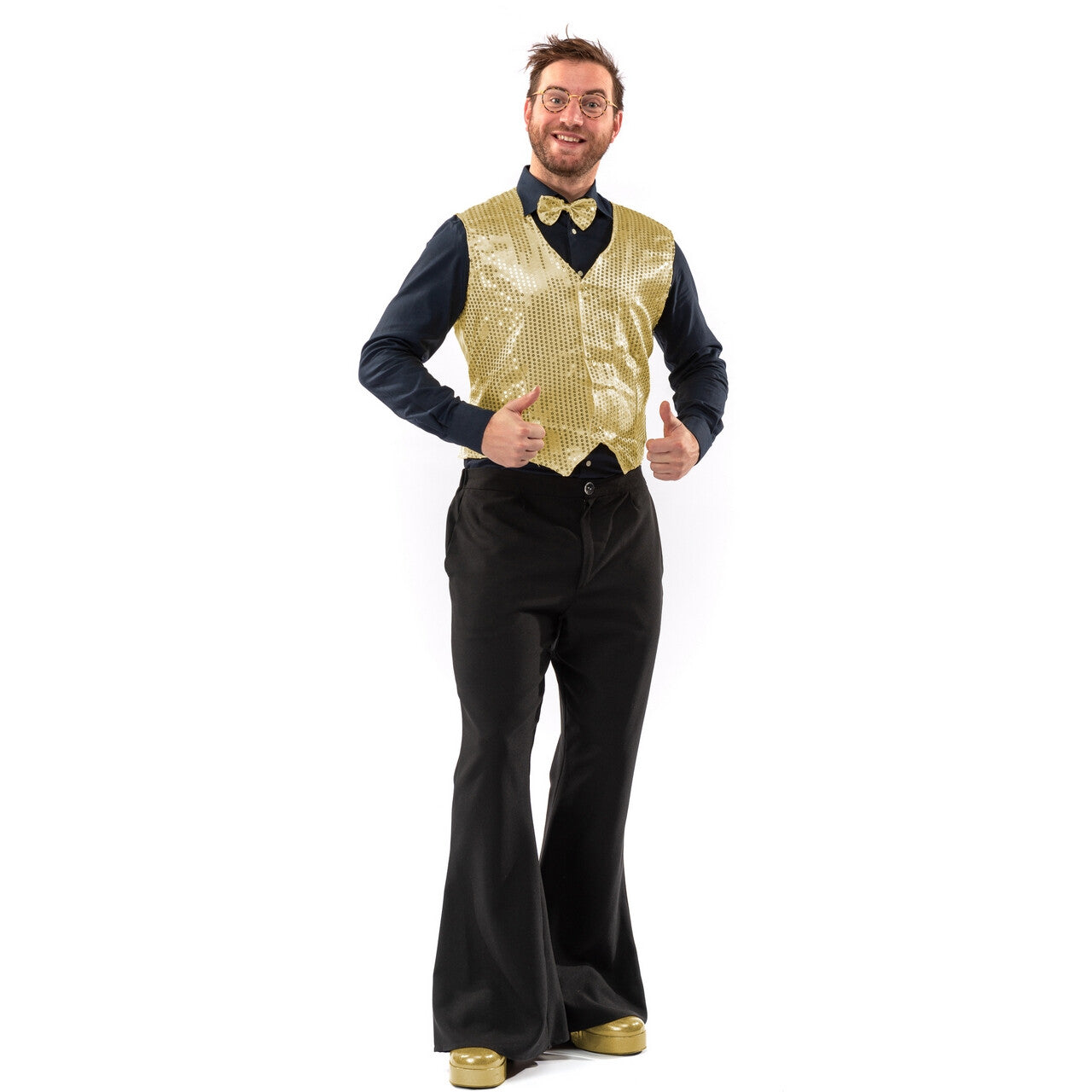 Op deze afbeelding zie je een Kostuums, van het merk Original Replicas. Paillettenvest Met Strik Golden Boy Man