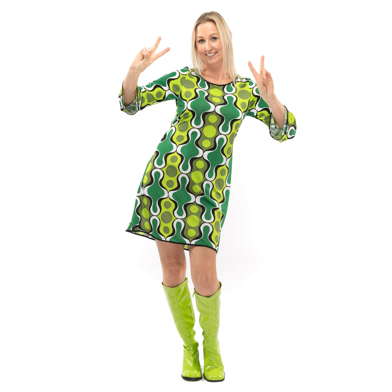 Op deze afbeelding zie je een Kostuums, van het merk Original Replicas. Jaren 70 Hippie Soul Disco 60s Ga Voor Groen Jurk Vrouw