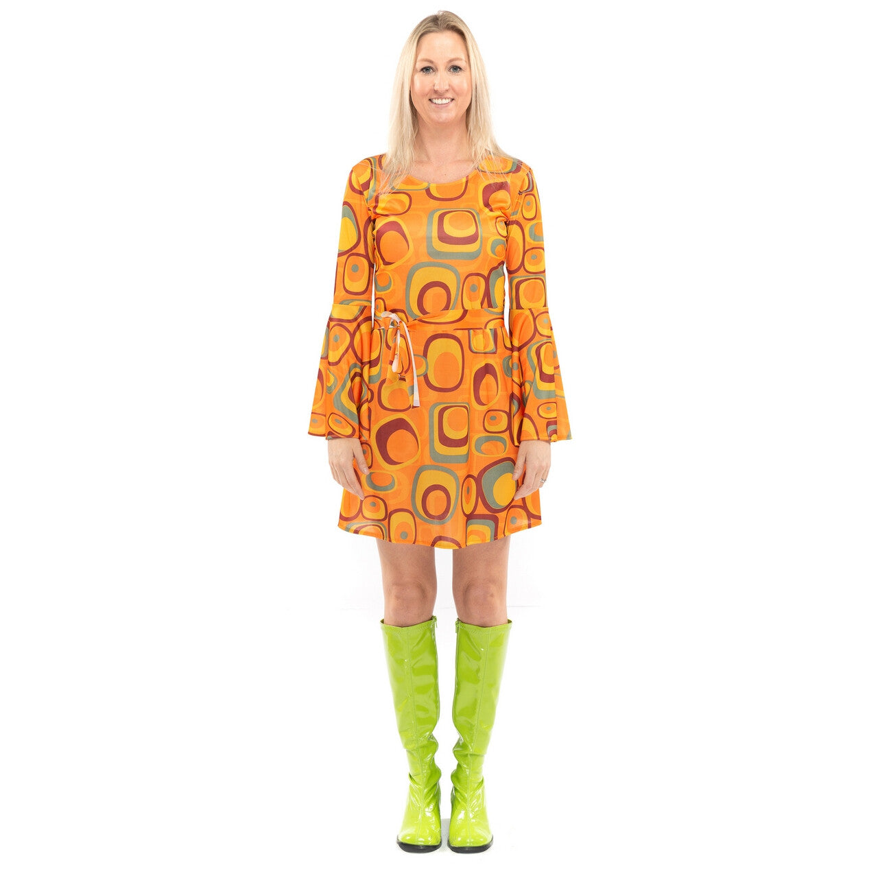 Op deze afbeelding zie je een Kostuums, van het merk Original Replicas. Jaren 70 Hippie Soul Disco 60s Agent Orange Jurk Vrouw