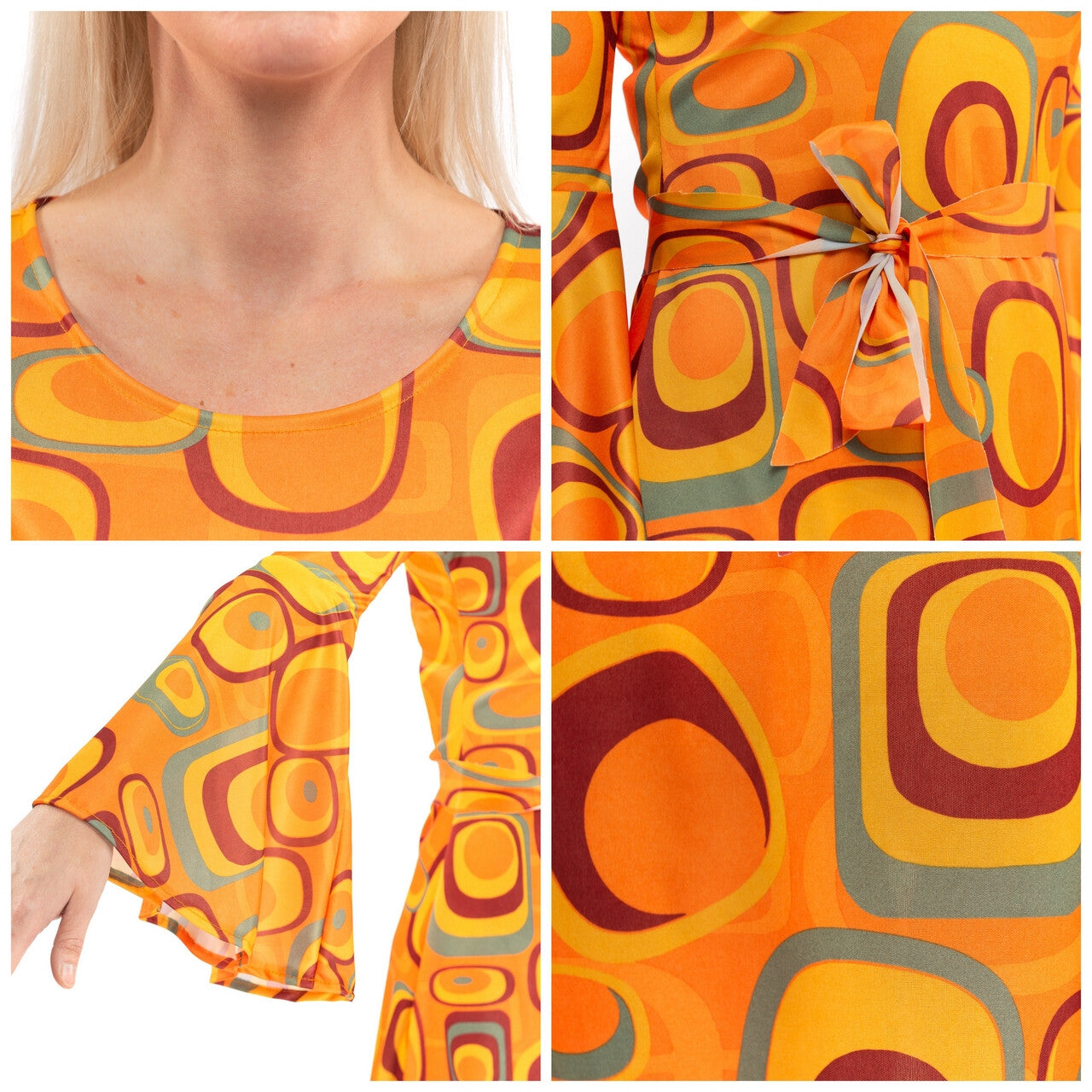Op deze afbeelding zie je een Kostuums, van het merk Original Replicas. Jaren 70 Hippie Soul Disco 60s Agent Orange Jurk Vrouw