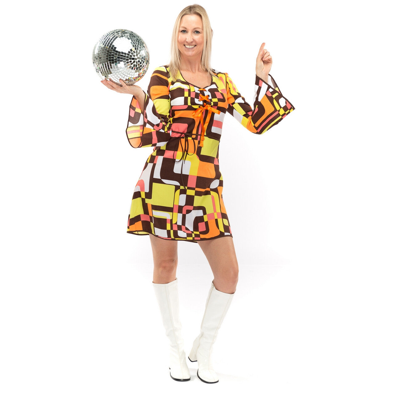Op deze afbeelding zie je een Kostuums, van het merk Original Replicas. Jaren 70 Hippie Soul Disco 60s Dolle Lijnen Vrouw Kostuum
