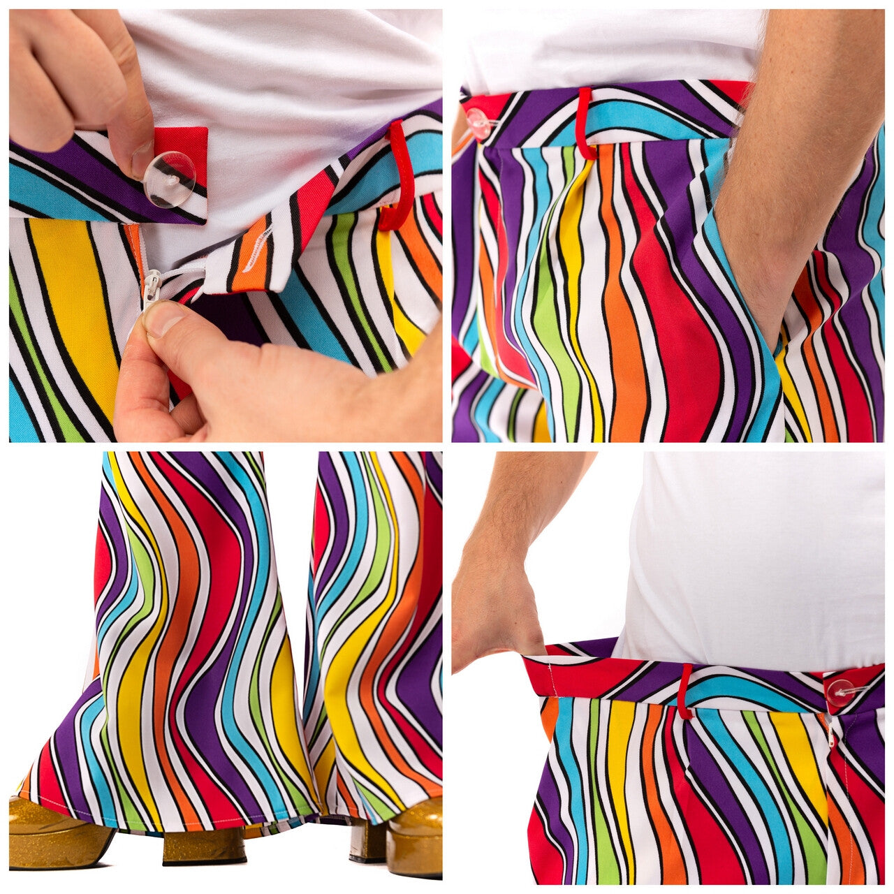 Op deze afbeelding zie je een Kostuums, van het merk Original Replicas. Jaren 60 Regenboog Flower Power Hippie Festival Broek Man