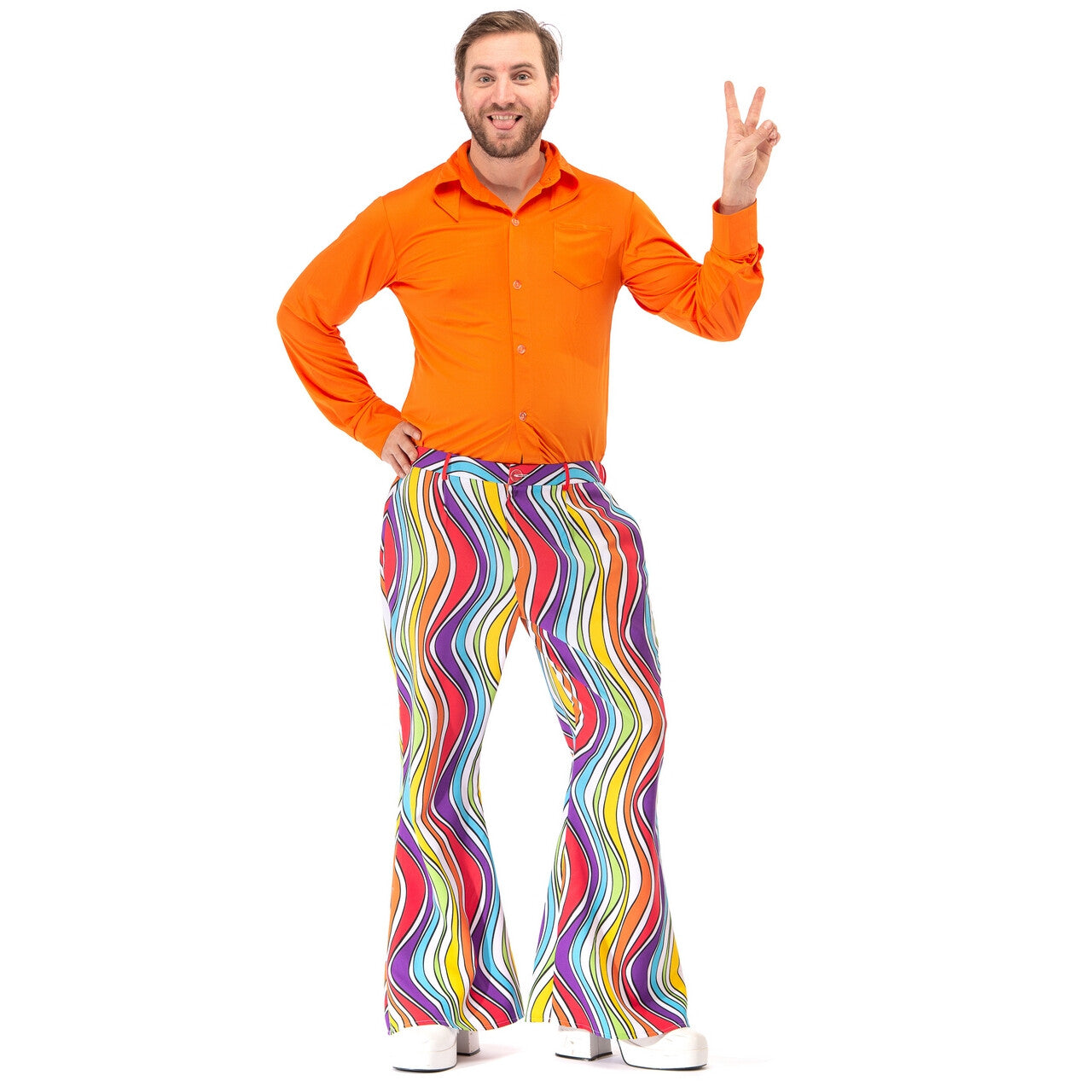 Op deze afbeelding zie je een Kostuums, van het merk Original Replicas. Jaren 60 Regenboog Flower Power Hippie Festival Broek Man