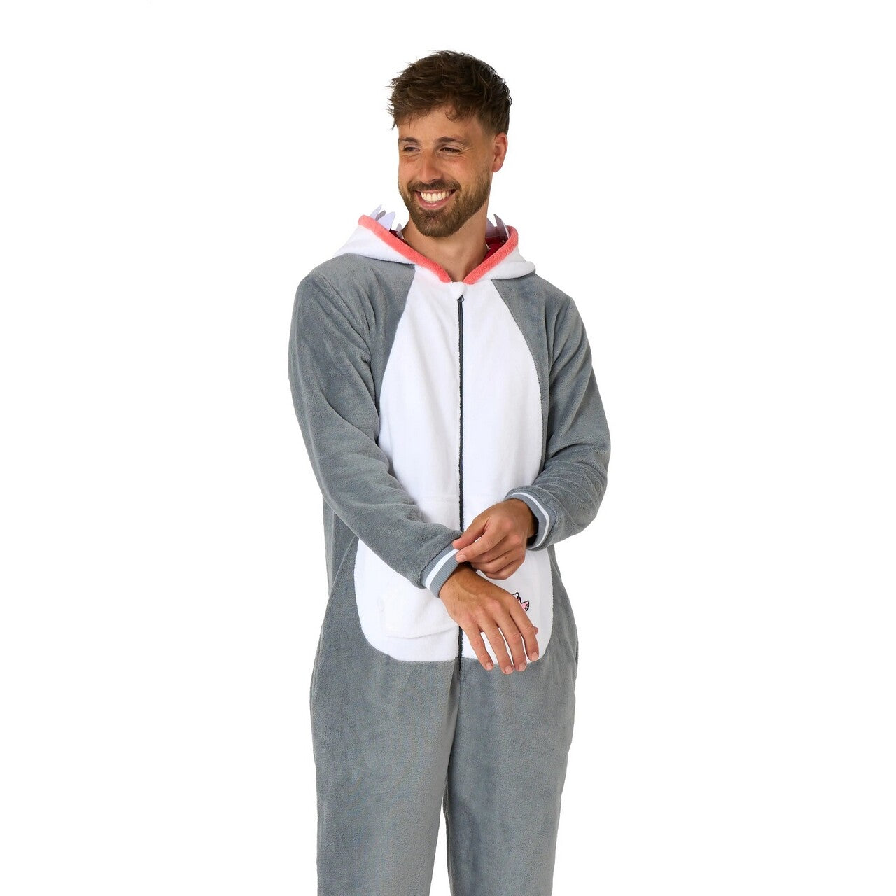 Op deze afbeelding zie je een Kostuums, van het merk Opposuits. Niet Zo Gevaarlijke Shark Onesie Man Kostuum