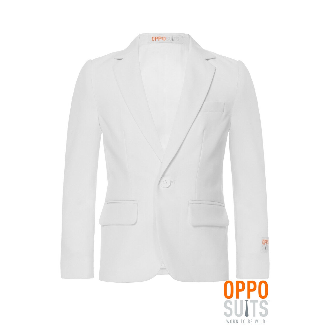 Op deze afbeelding zie je een Kostuums, van het merk Opposuits. Strak Compleet Wit Party Pak Jongen