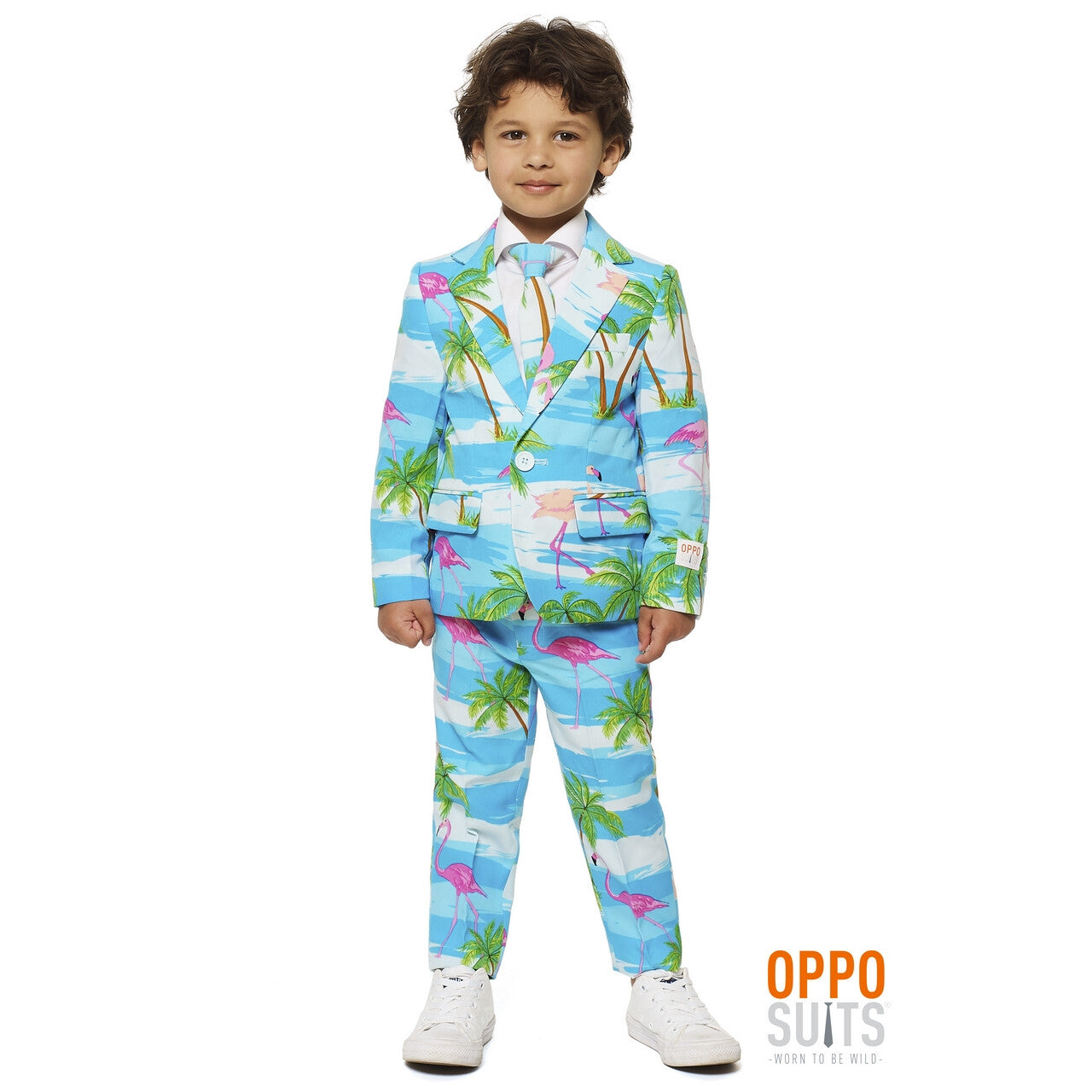 Op deze afbeelding zie je een Kostuums, van het merk Opposuits. Tropisch Flaminguy Jongen Kostuum