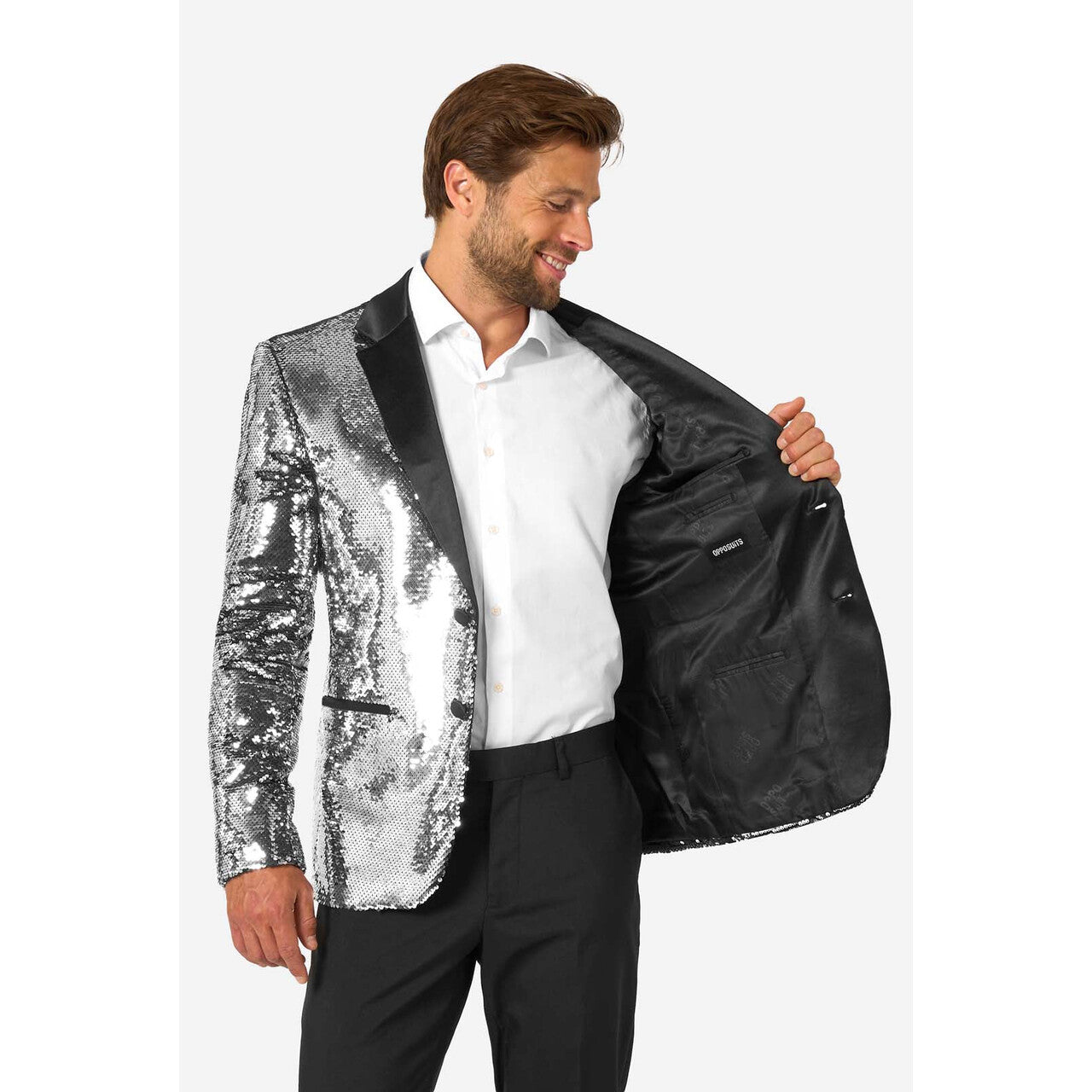 Op deze afbeelding zie je een Kostuums, van het merk Opposuits. Shiny Silver Sequins Man