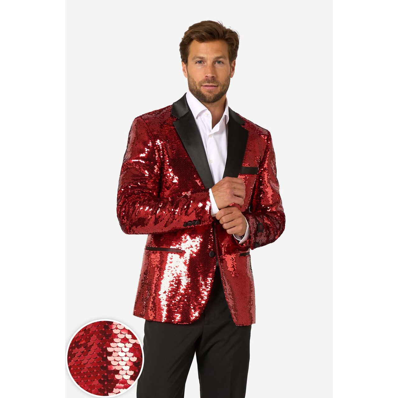 Op deze afbeelding zie je een Kostuums, van het merk Opposuits. Radiant Red Sequins Man