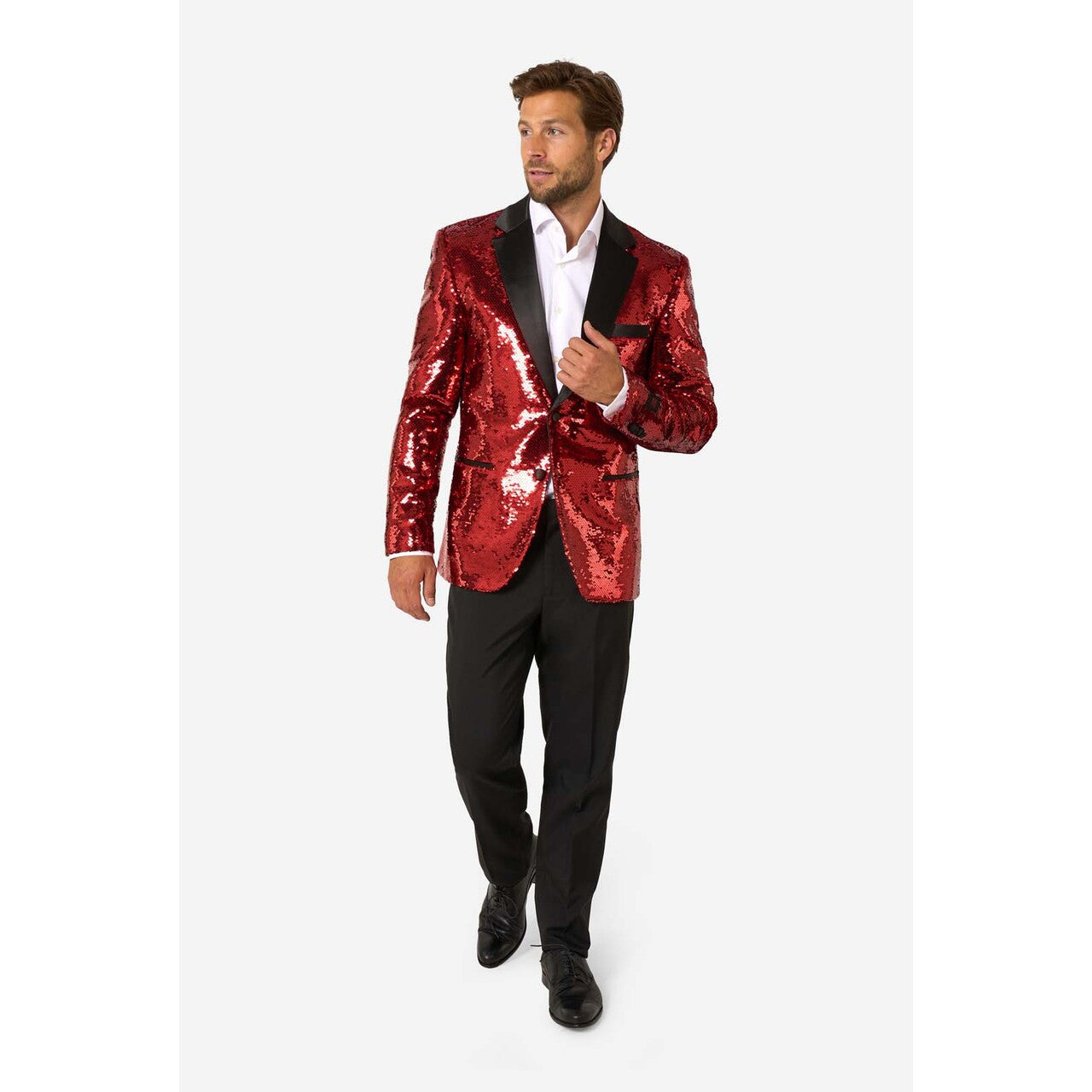 Op deze afbeelding zie je een Kostuums, van het merk Opposuits. Radiant Red Sequins Man