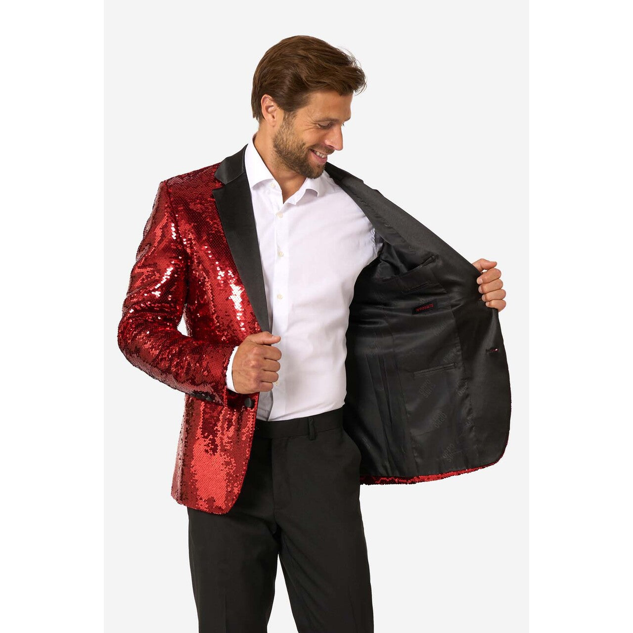 Op deze afbeelding zie je een Kostuums, van het merk Opposuits. Radiant Red Sequins Man