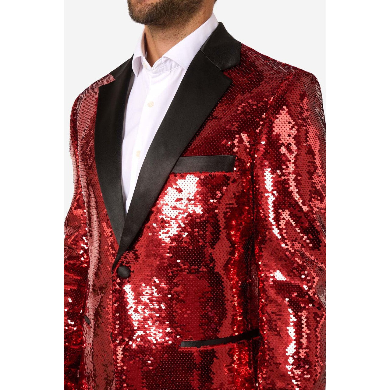 Op deze afbeelding zie je een Kostuums, van het merk Opposuits. Radiant Red Sequins Man