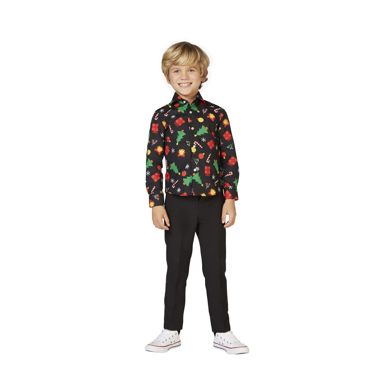 Op deze afbeelding zie je een Kostuums, van het merk Opposuits. Zwarte Christmas Icons Gifts And Trees Blouse Jongen