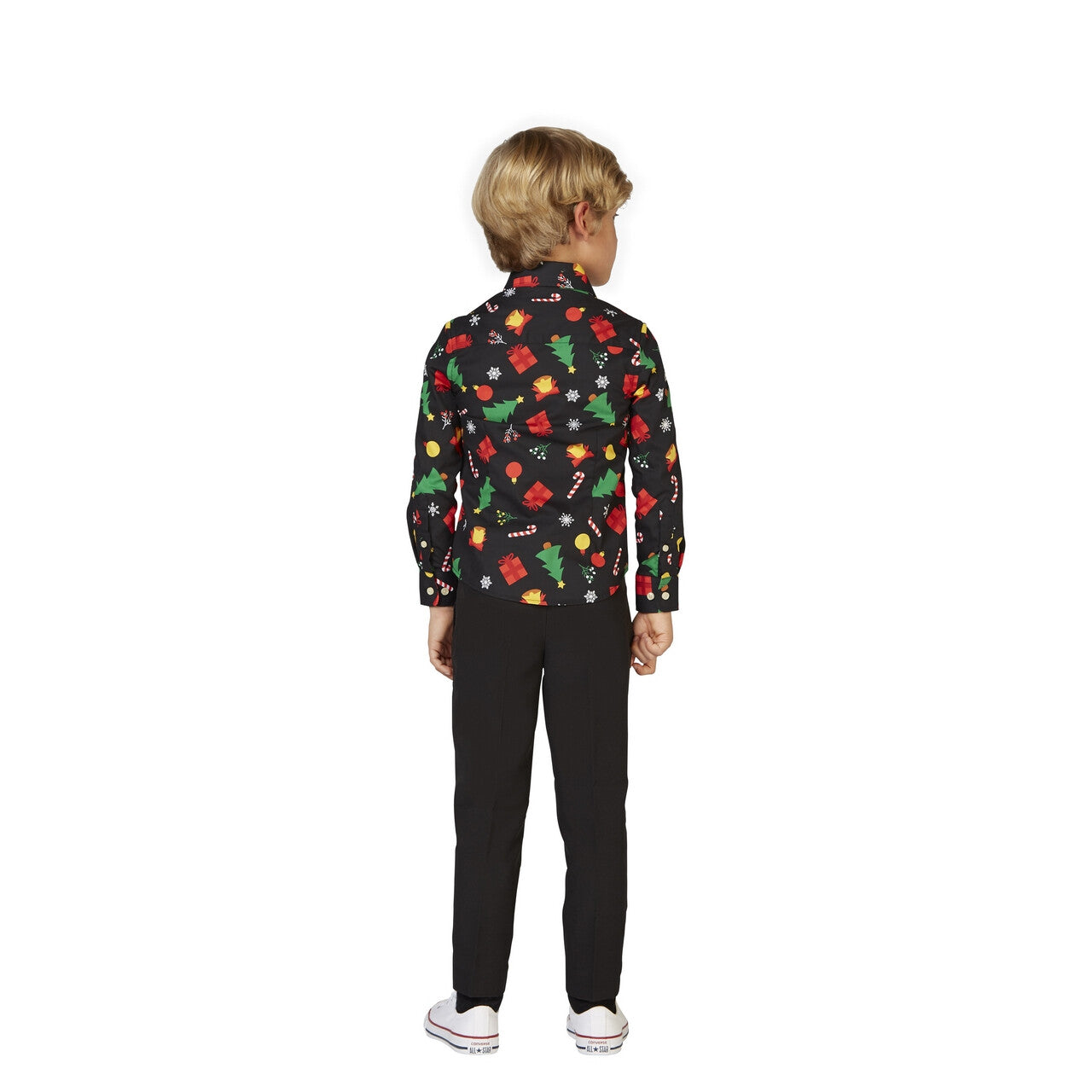 Op deze afbeelding zie je een Kostuums, van het merk Opposuits. Zwarte Christmas Icons Gifts And Trees Blouse Jongen