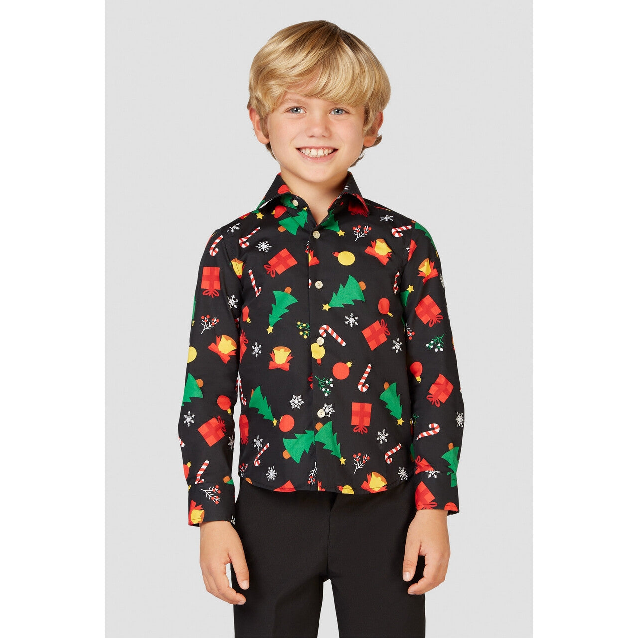 Op deze afbeelding zie je een Kostuums, van het merk Opposuits. Zwarte Christmas Icons Gifts And Trees Blouse Jongen