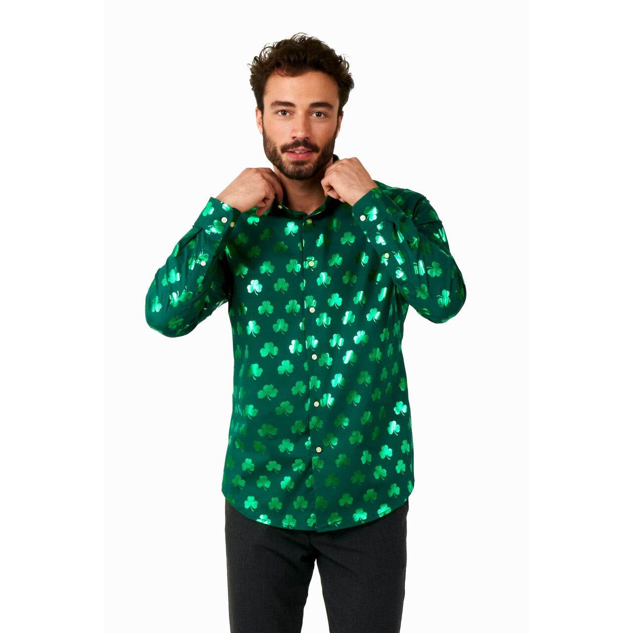 Op deze afbeelding zie je een Kostuums, van het merk Opposuits. Shiny Shamrock Man