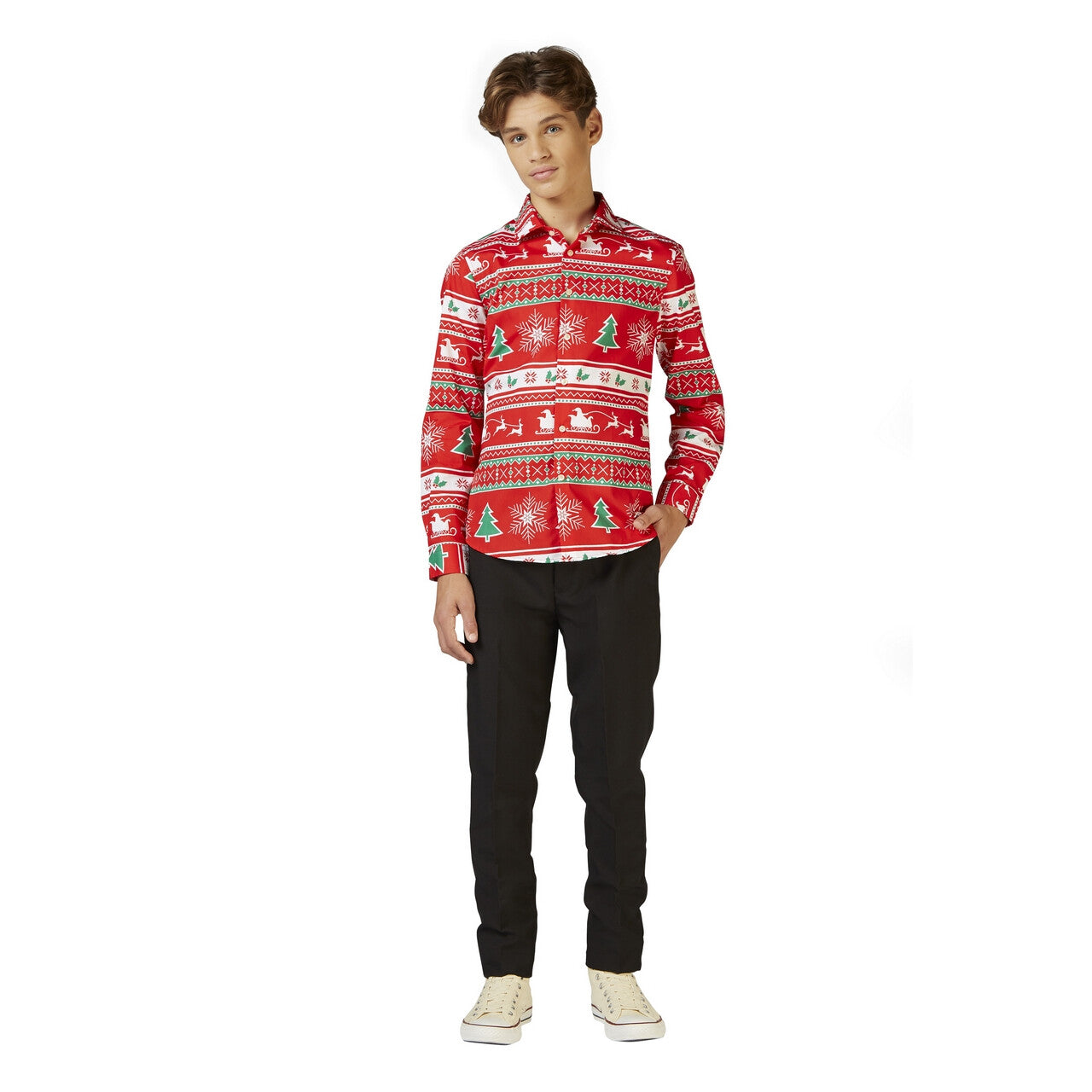 Op deze afbeelding zie je een Kostuums, van het merk Opposuits. Rode Winter Wonderland Xmas Blouse Jongen