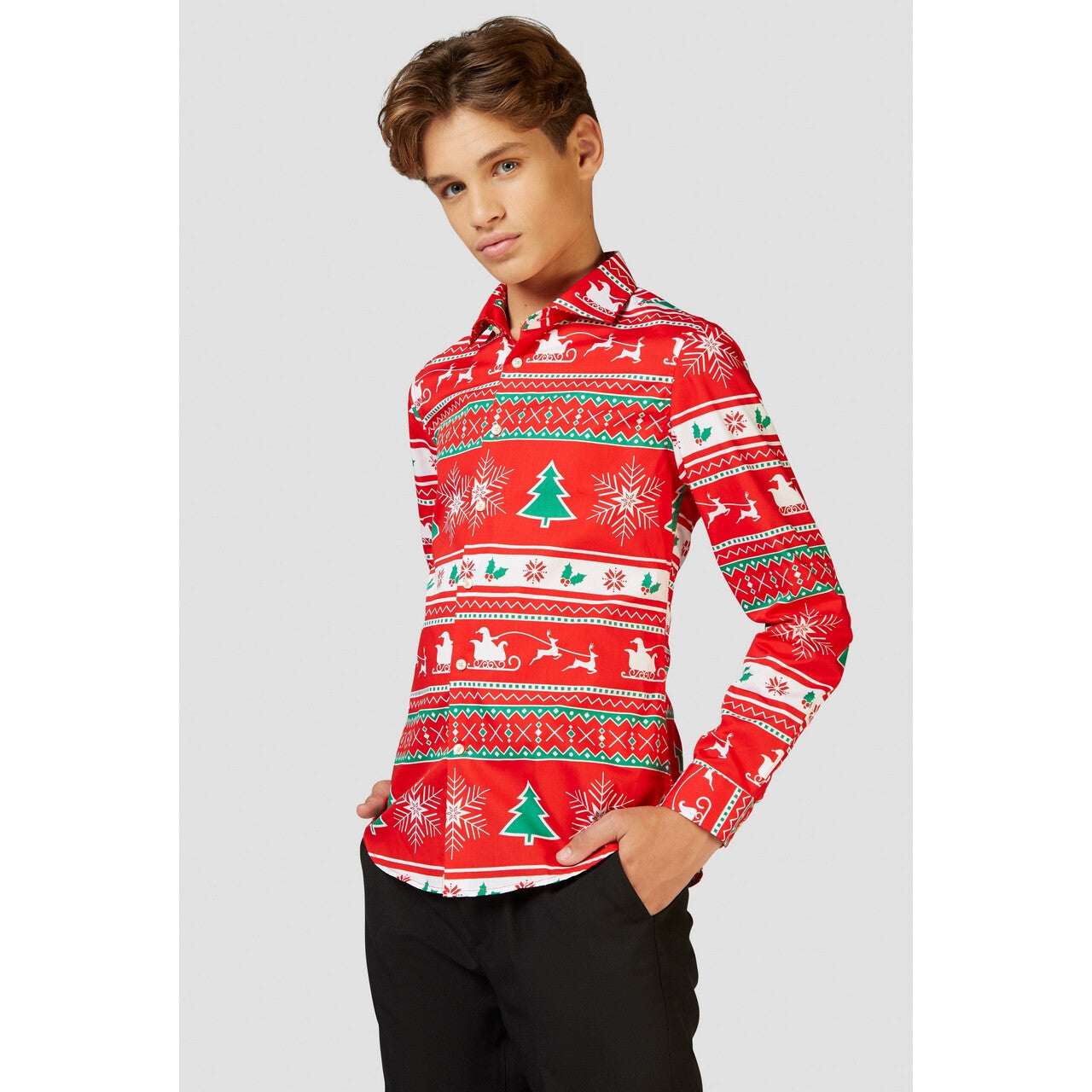 Op deze afbeelding zie je een Kostuums, van het merk Opposuits. Rode Winter Wonderland Xmas Blouse Jongen