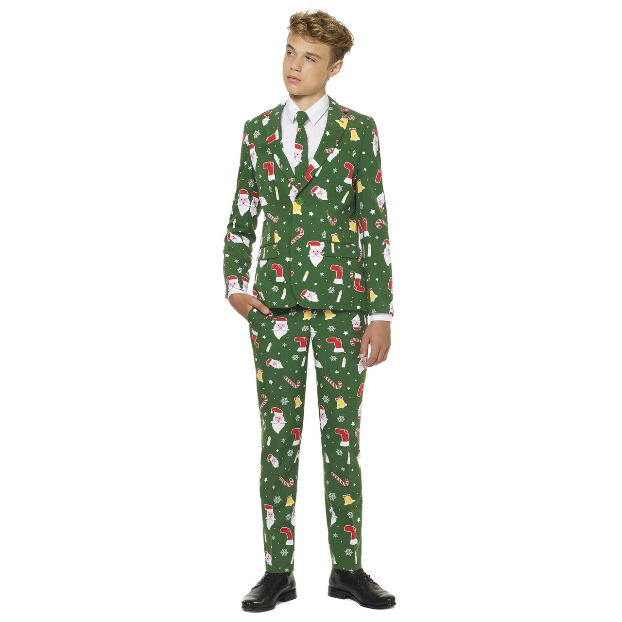 Op deze afbeelding zie je een Kostuums, van het merk Opposuits. Green Santaboss Jongen Kostuum