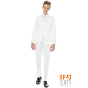 Op deze afbeelding zie je een Kostuums, van het merk Opposuits. Helemaal Wit Solid White Tiener Jongen Kostuum