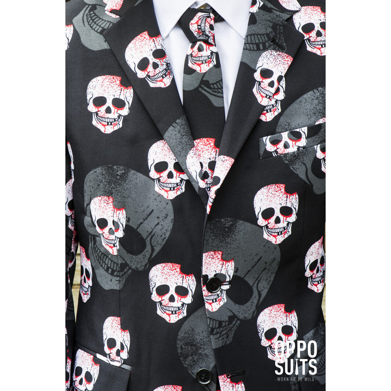 Op deze afbeelding zie je een Kostuums, van het merk Opposuits. Heavy Halloween Skulleton Opposuit Kostuum Man