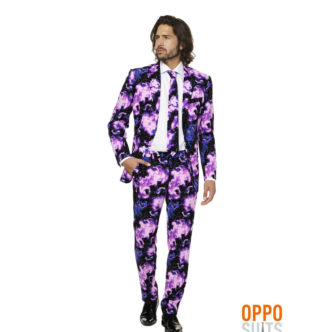 Op deze afbeelding zie je een Kostuums, van het merk Opposuits. Melkweg Galaxy Guy Opposuit Man Kostuum