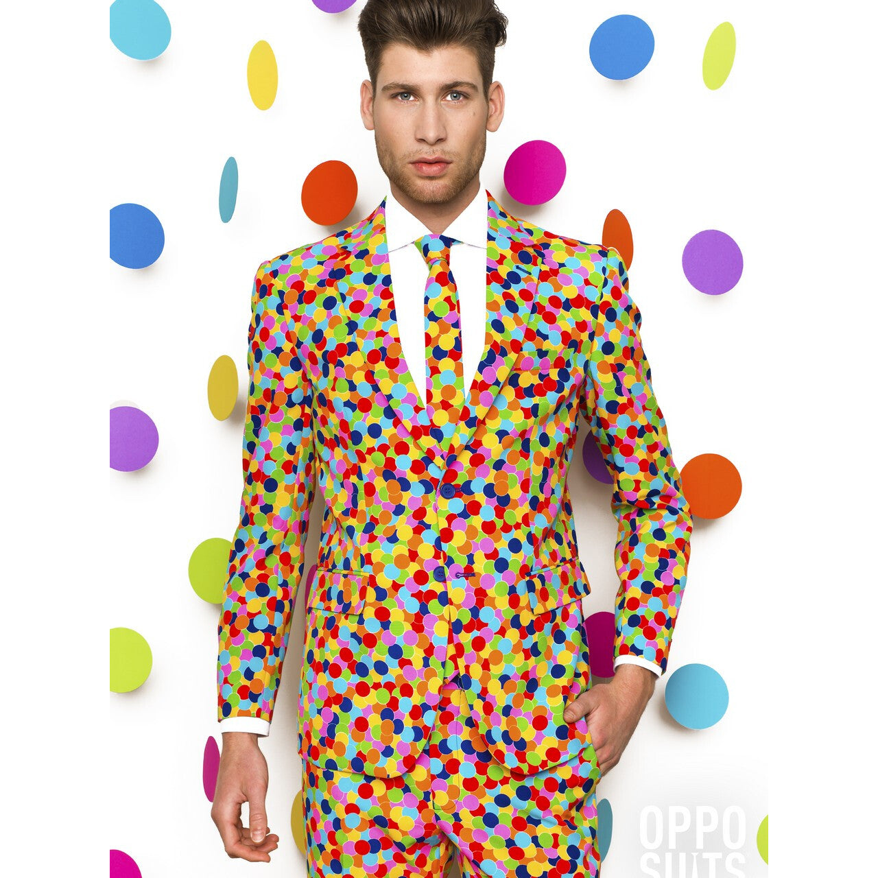 Op deze afbeelding zie je een Kostuums, van het merk Opposuits. Lekker Druk Confetteroni Opposuit Man Kostuum