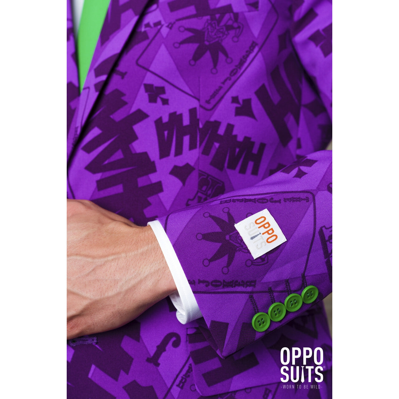Op deze afbeelding zie je een Kostuums, van het merk Opposuits. Batman Joker™ Strip Lach Kostuum