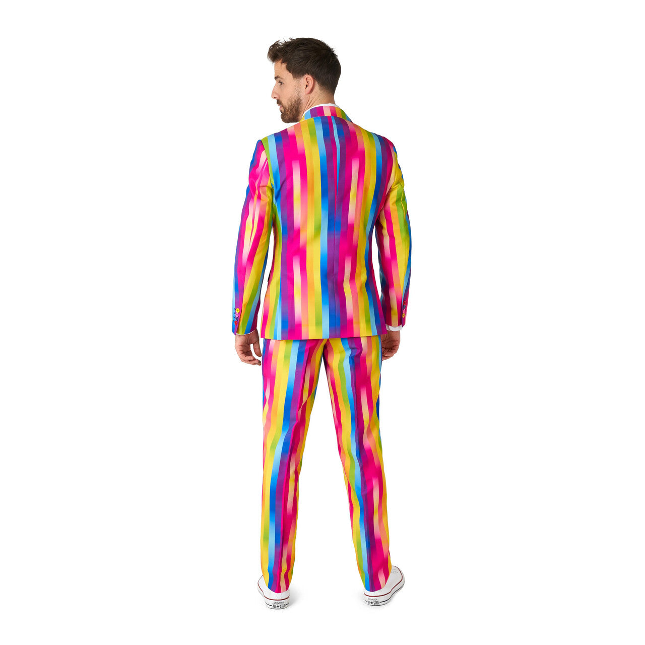 Op deze afbeelding zie je een Kostuums, van het merk Opposuits. Rainbow Candy Cane Man Kostuum