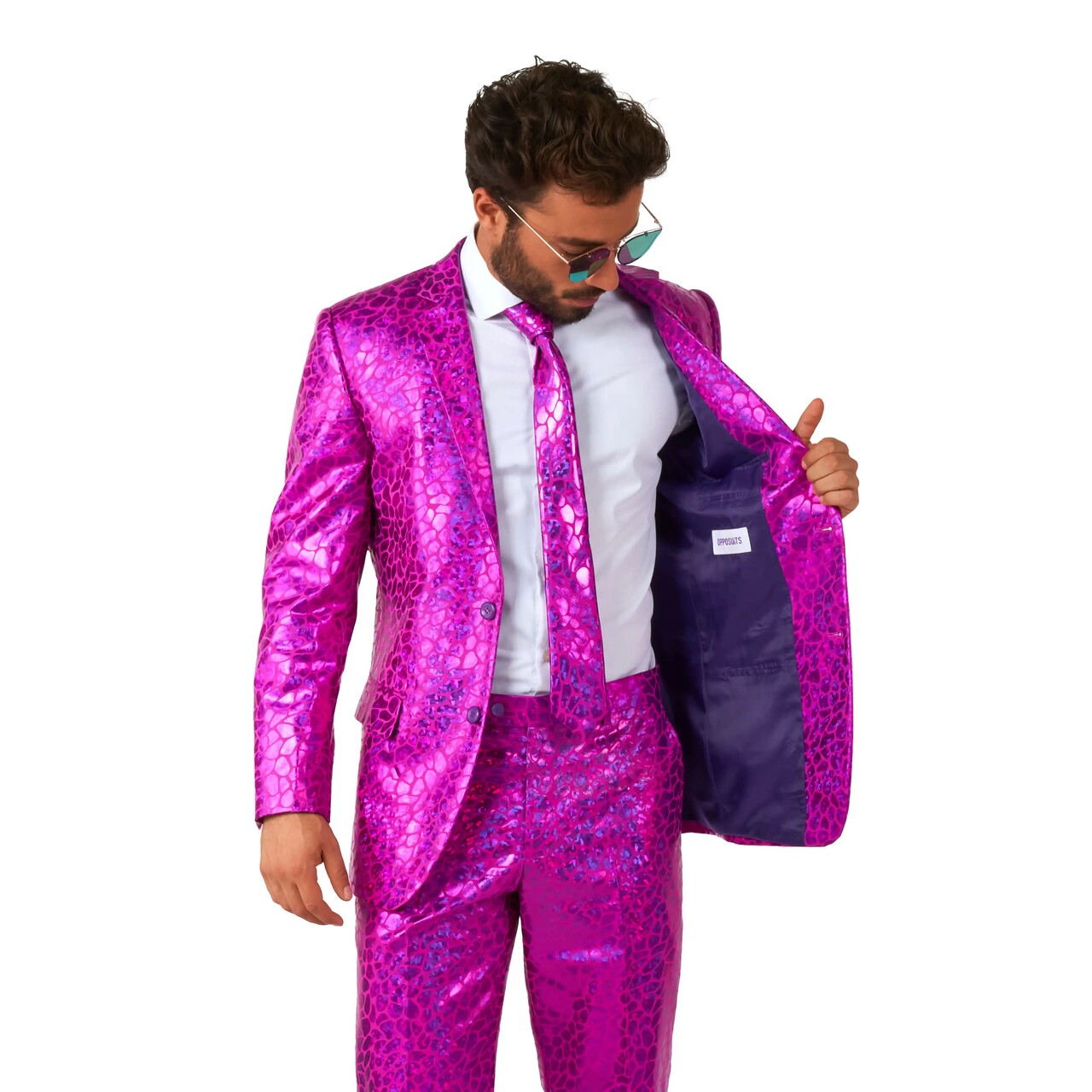 Op deze afbeelding zie je een Kostuums, van het merk Opposuits. Peppy Pink Slangen Print Man Kostuum