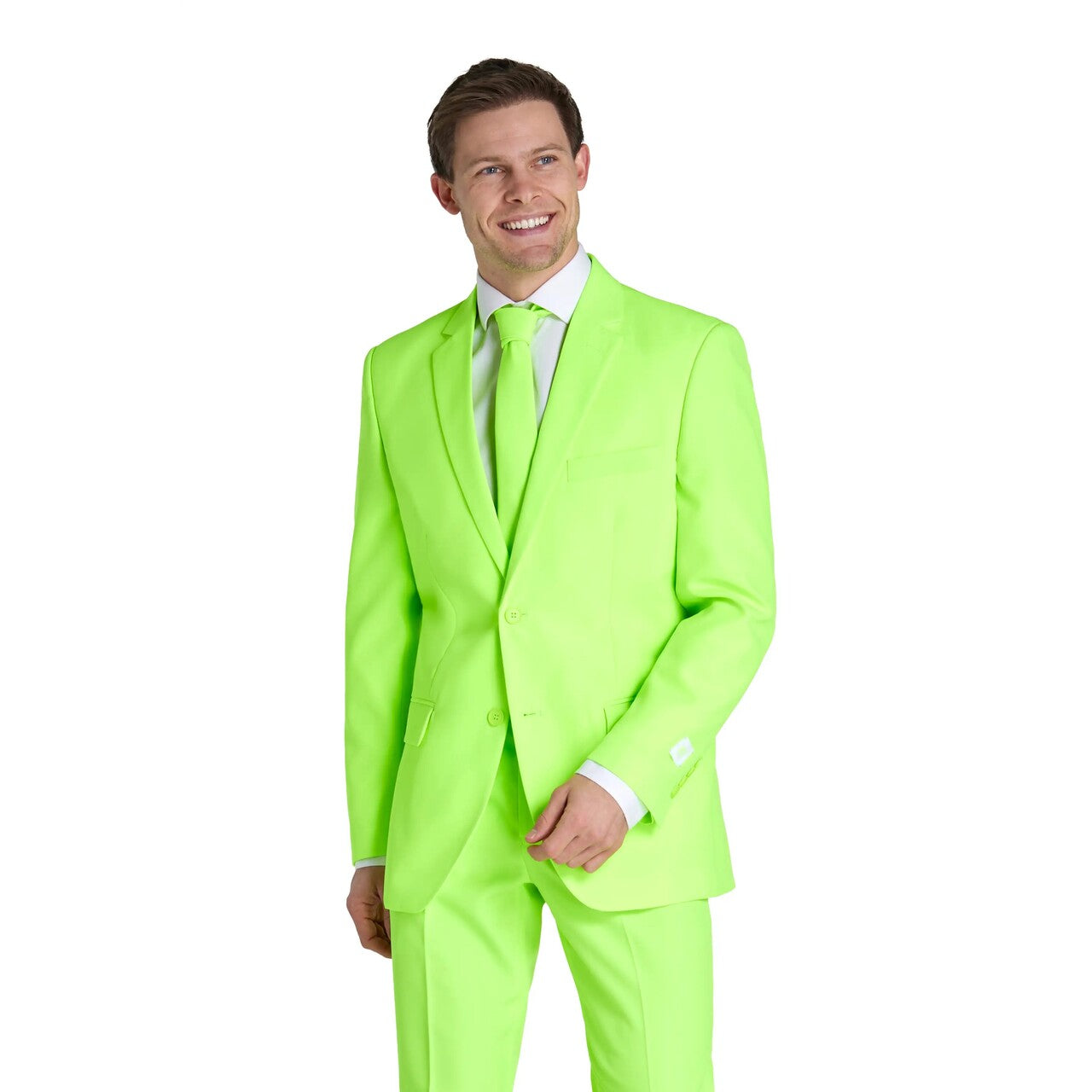 Op deze afbeelding zie je een Kostuums, van het merk Opposuits. Neon Lucky Lime Lucas Man Kostuum