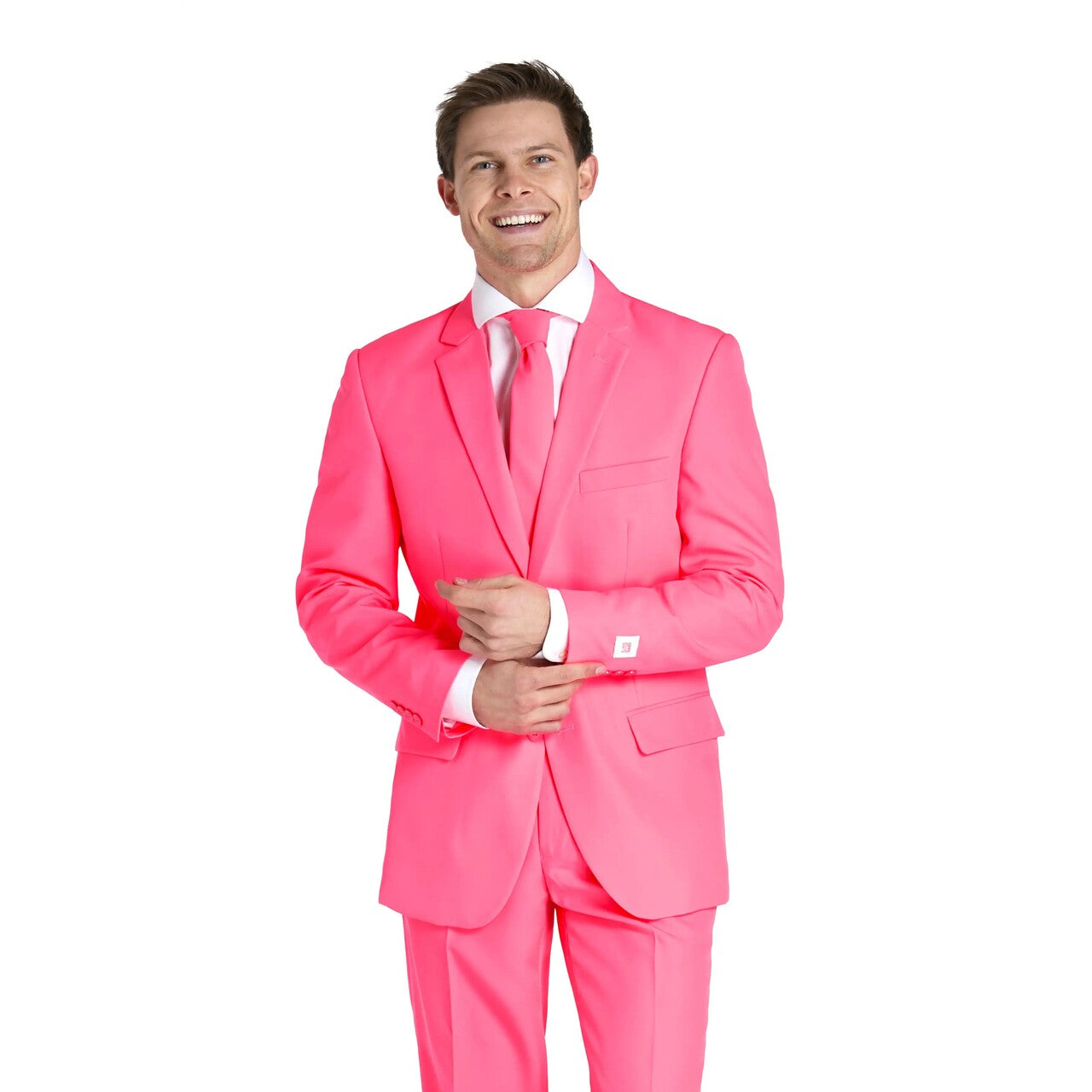 Op deze afbeelding zie je een Kostuums, van het merk Opposuits. Neon Pink Power Topper Man Kostuum